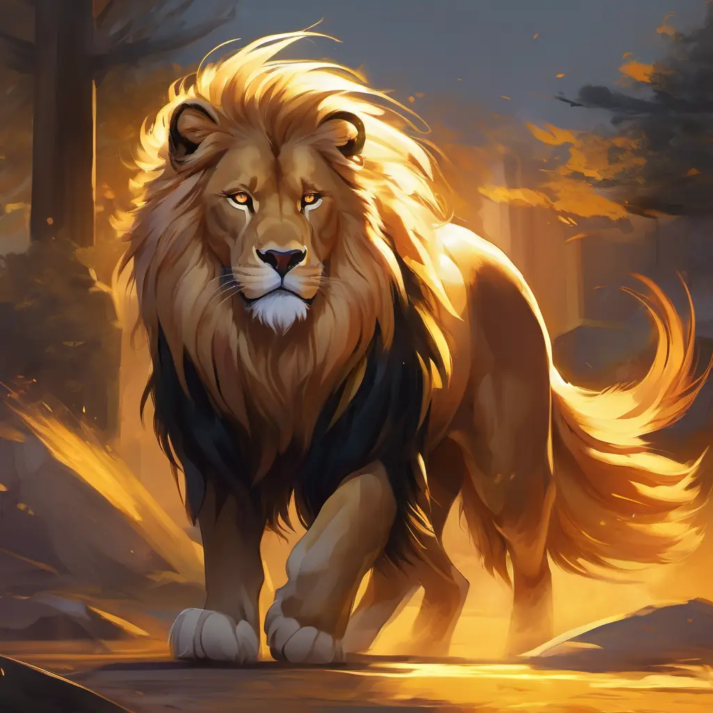 Dark mane, amber eyes, sturdy build, and aggressive posture challenging Golden fur, fierce eyes, regal mane, and stoic stance, tension between characters.