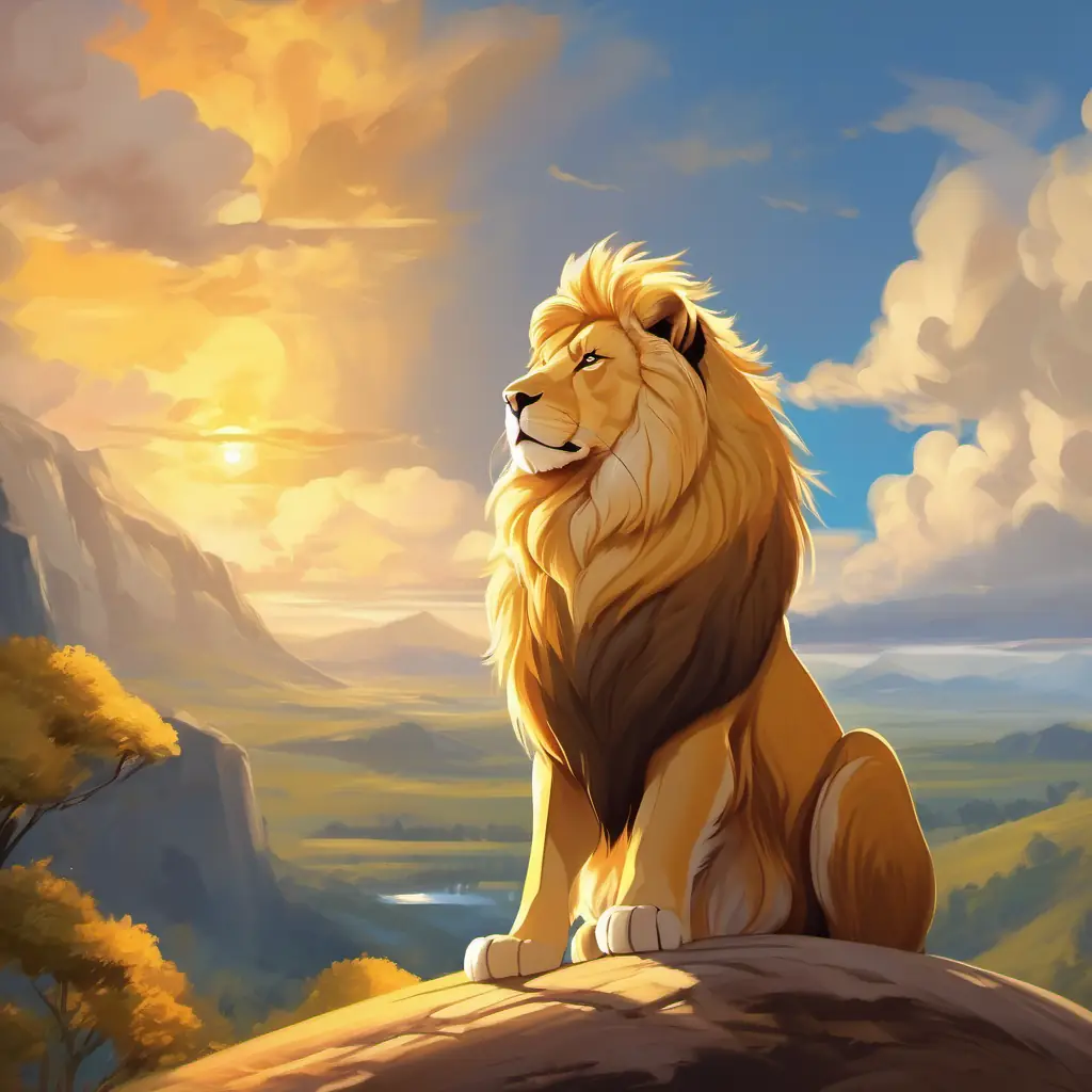 Animals watching, Golden fur, fierce eyes, regal mane, and stoic stance's pride supportive.