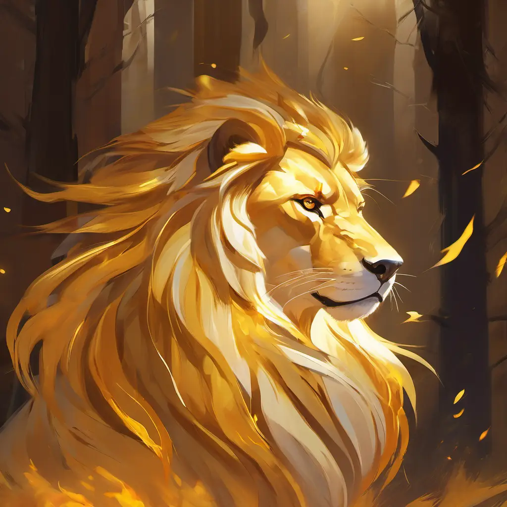 Golden fur, fierce eyes, regal mane, and stoic stance and Dark mane, amber eyes, sturdy build, and aggressive posture fighting, demonstrating strength.