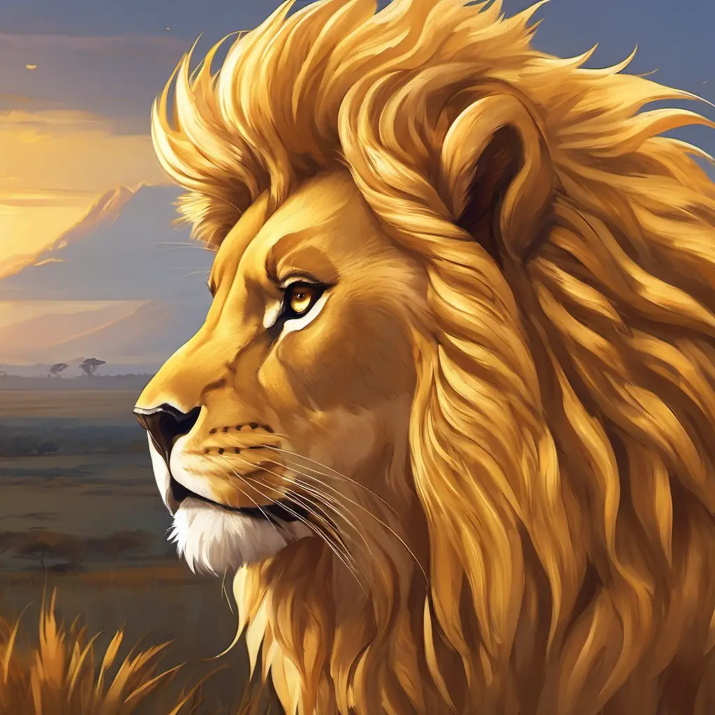 Golden fur, fierce eyes, regal mane, and stoic stance victorious, harmony in Savanna.