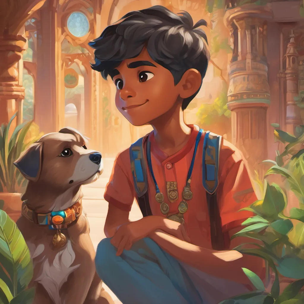 Close-up of Aadi examining the dog's collar with twinkling symbols and the inscription.