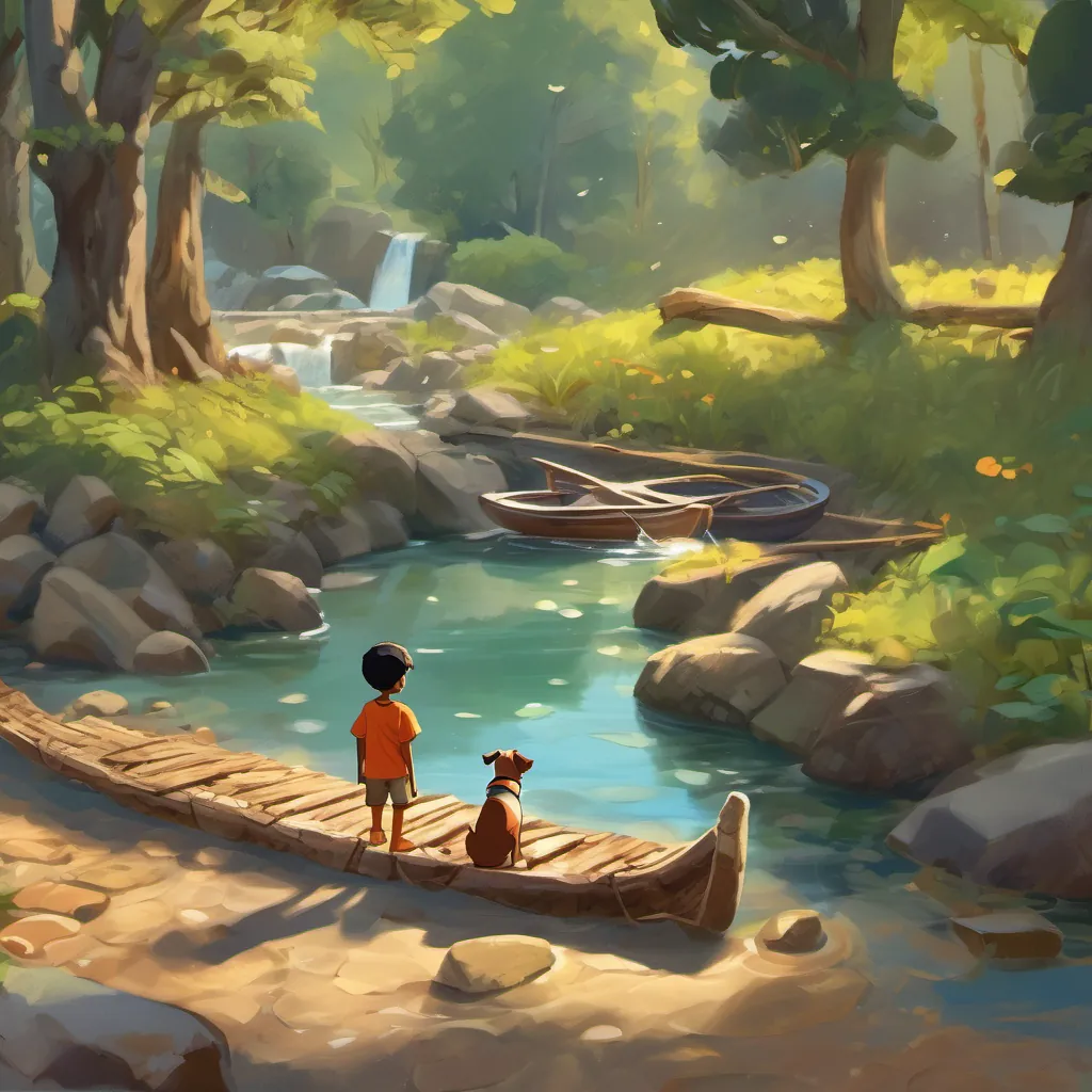 Aadi and the dog at a bubbling brook, with pieces of bark floating like little boats.