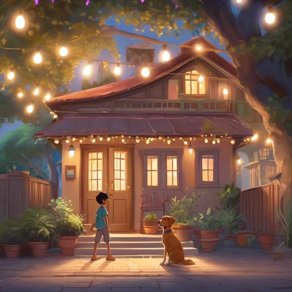 A charming house bathed in twinkling fairy lights, with Aadi and the dog arriving at the doorstep.