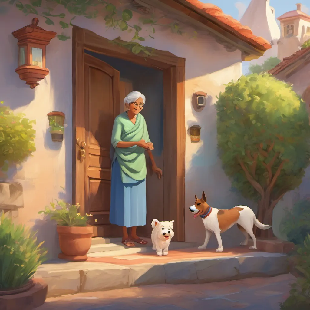 An elderly woman warmly welcoming Aadi and the dog at the door of her light-adorned house.