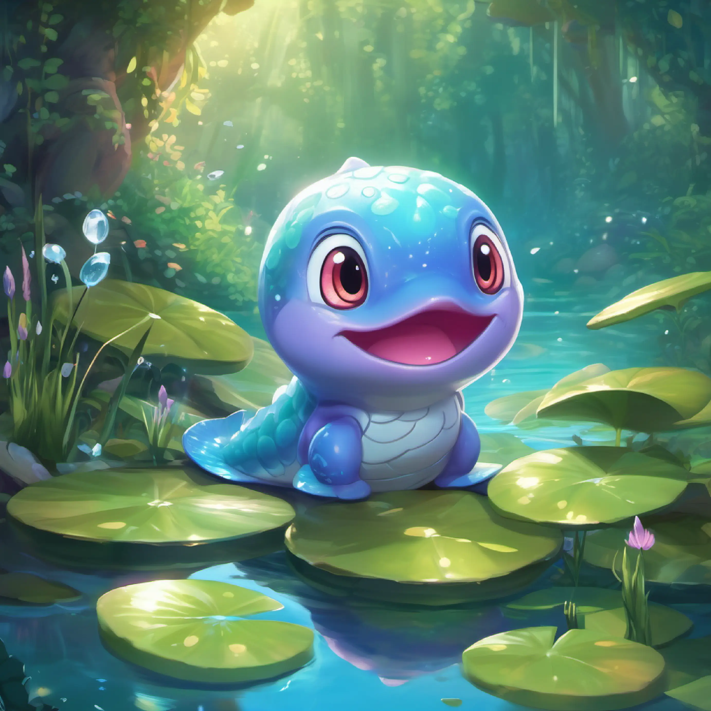 Introduction to A happy, little wooper with slick, shiny skin and sparkly eyes at her magical pond home, deciding to seek treasure.
