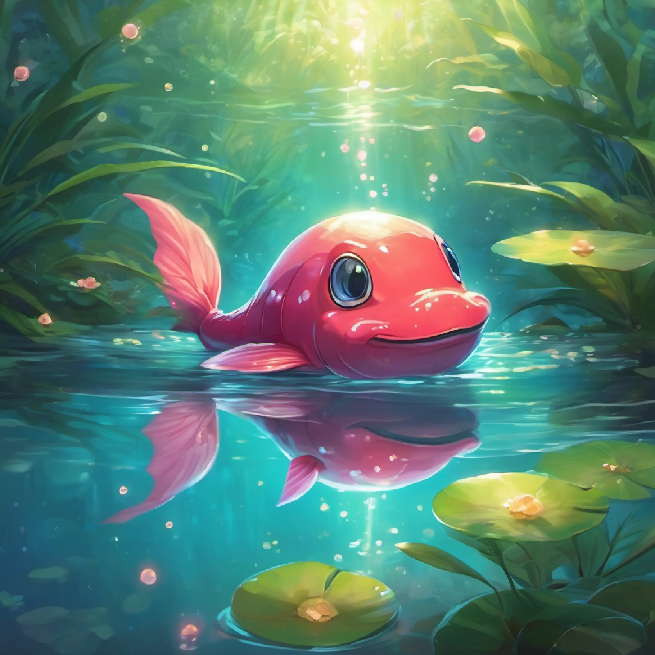 A happy, little wooper with slick, shiny skin and sparkly eyes swims deeper in the pond, passing familiar sights and sounds.
