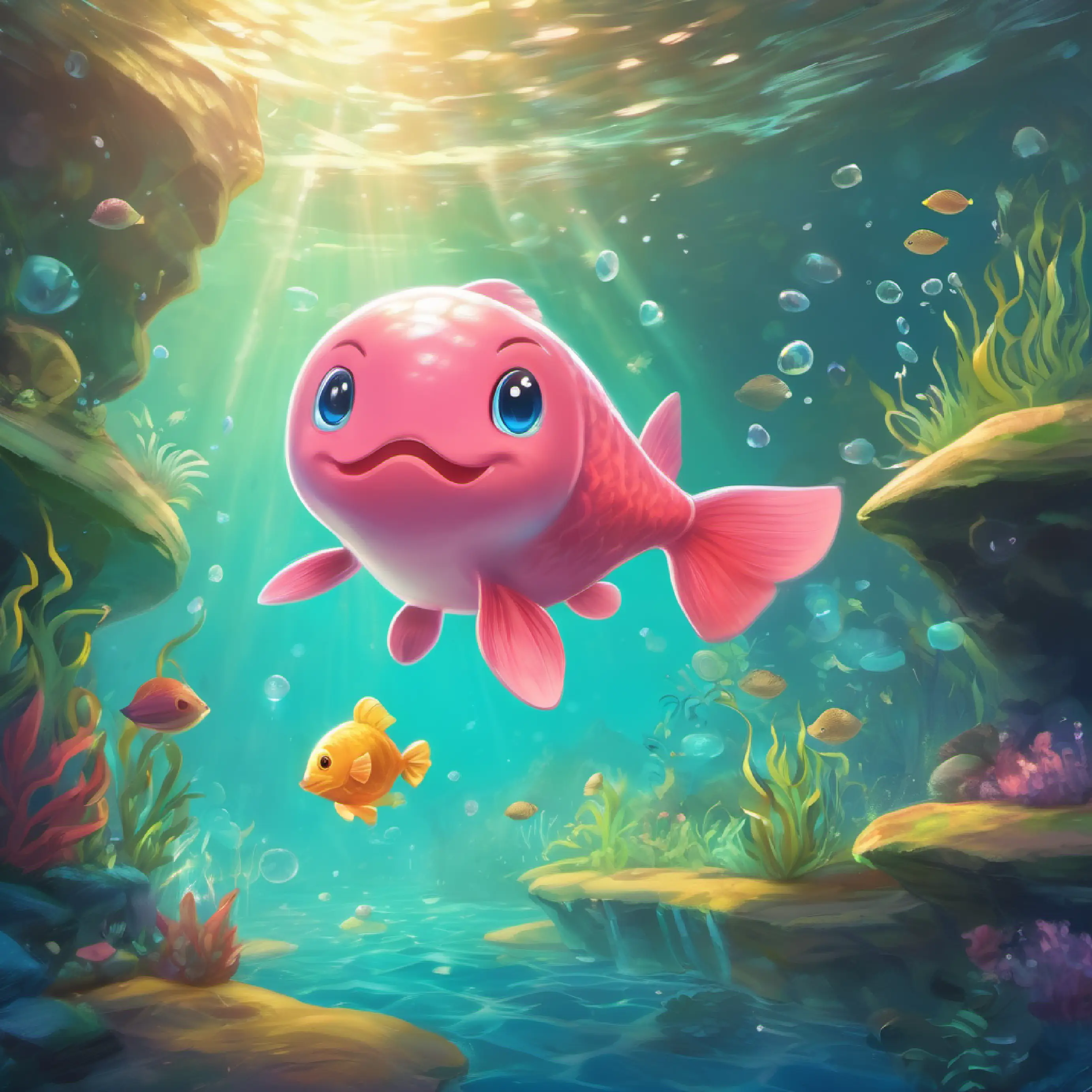 A happy, little wooper with slick, shiny skin and sparkly eyes meets helpful fish in her search for treasure.