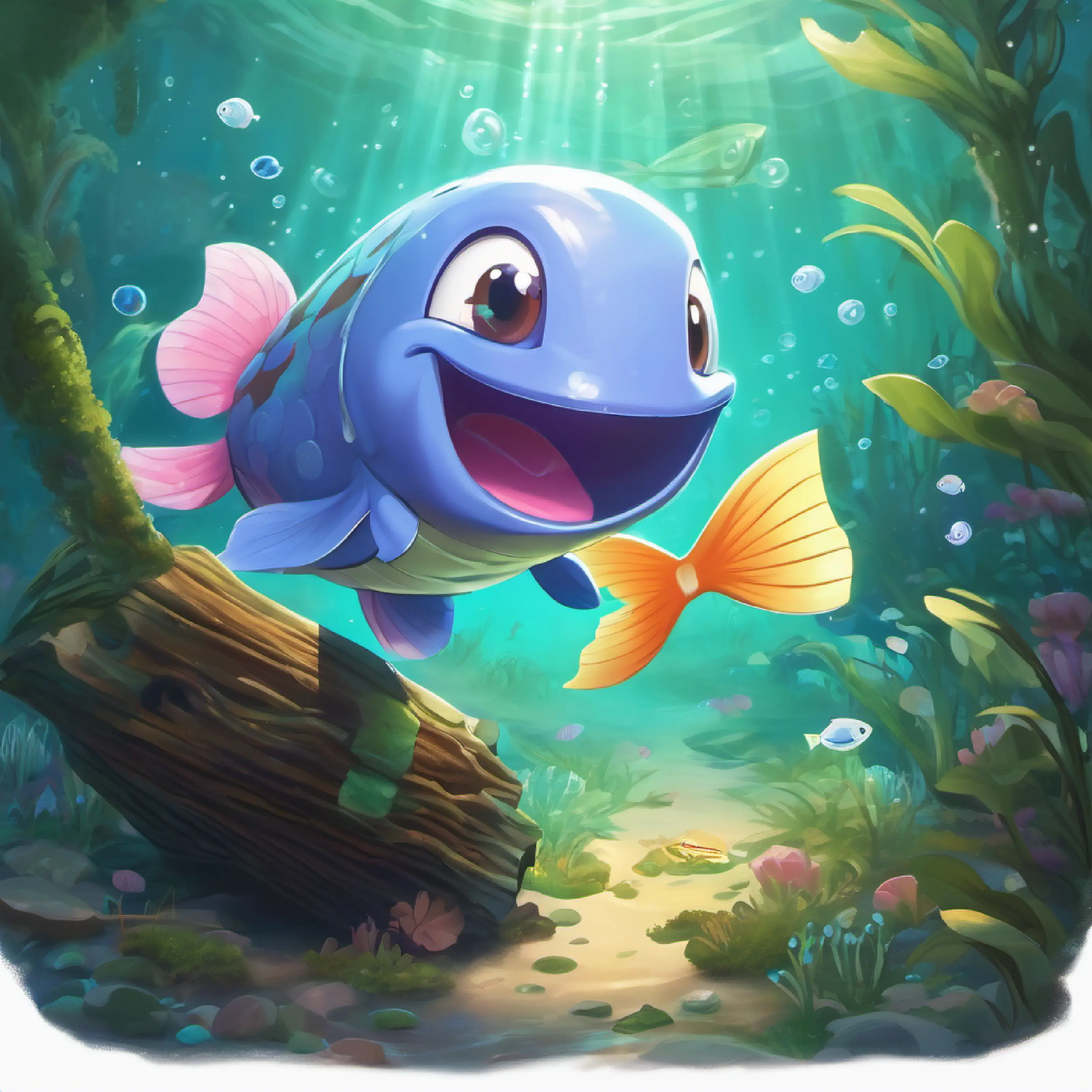 A happy, little wooper with slick, shiny skin and sparkly eyes finds a map in a sunken log with the fish's help.