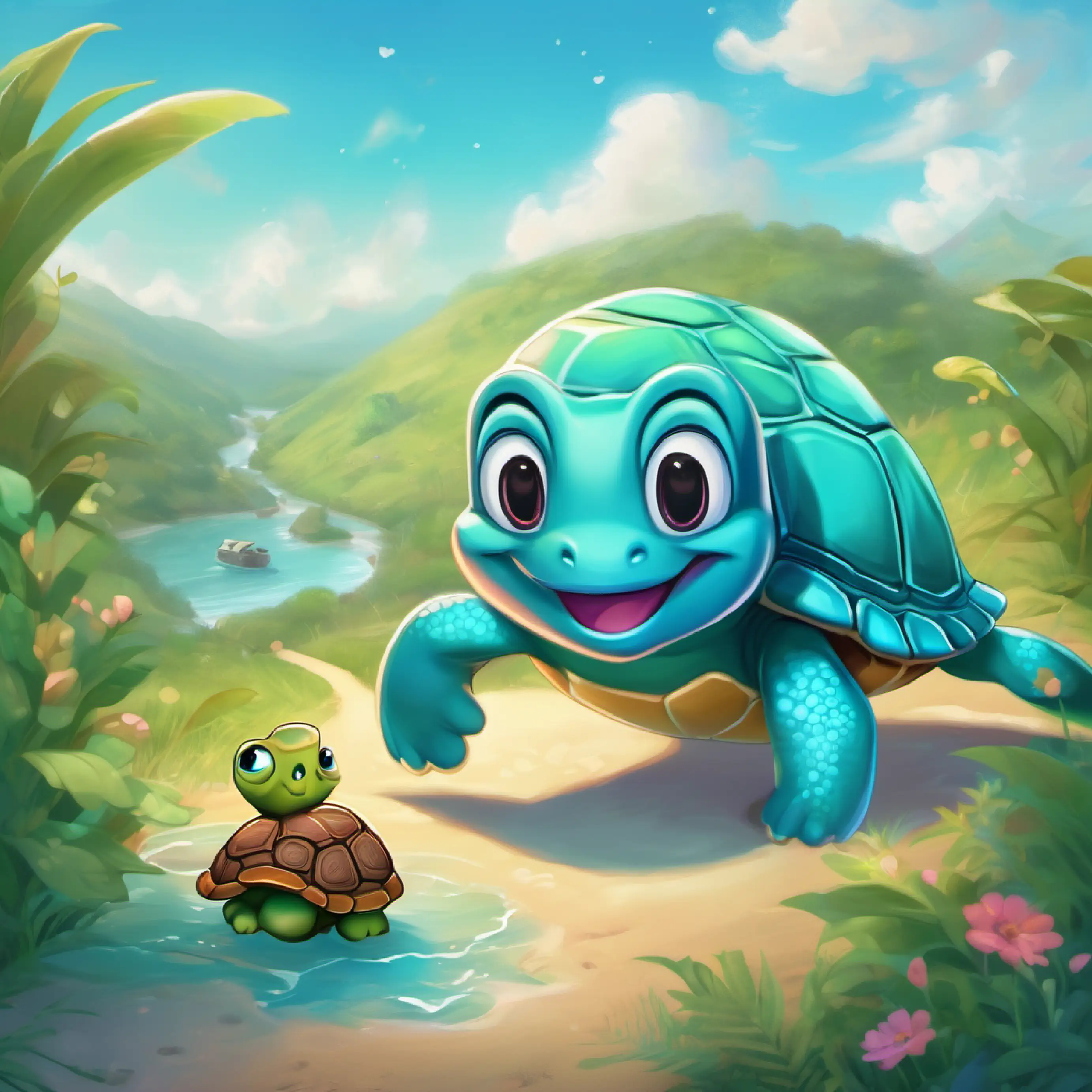 A happy, little wooper with slick, shiny skin and sparkly eyes, with a turtle friend, follows the map to the treasure.