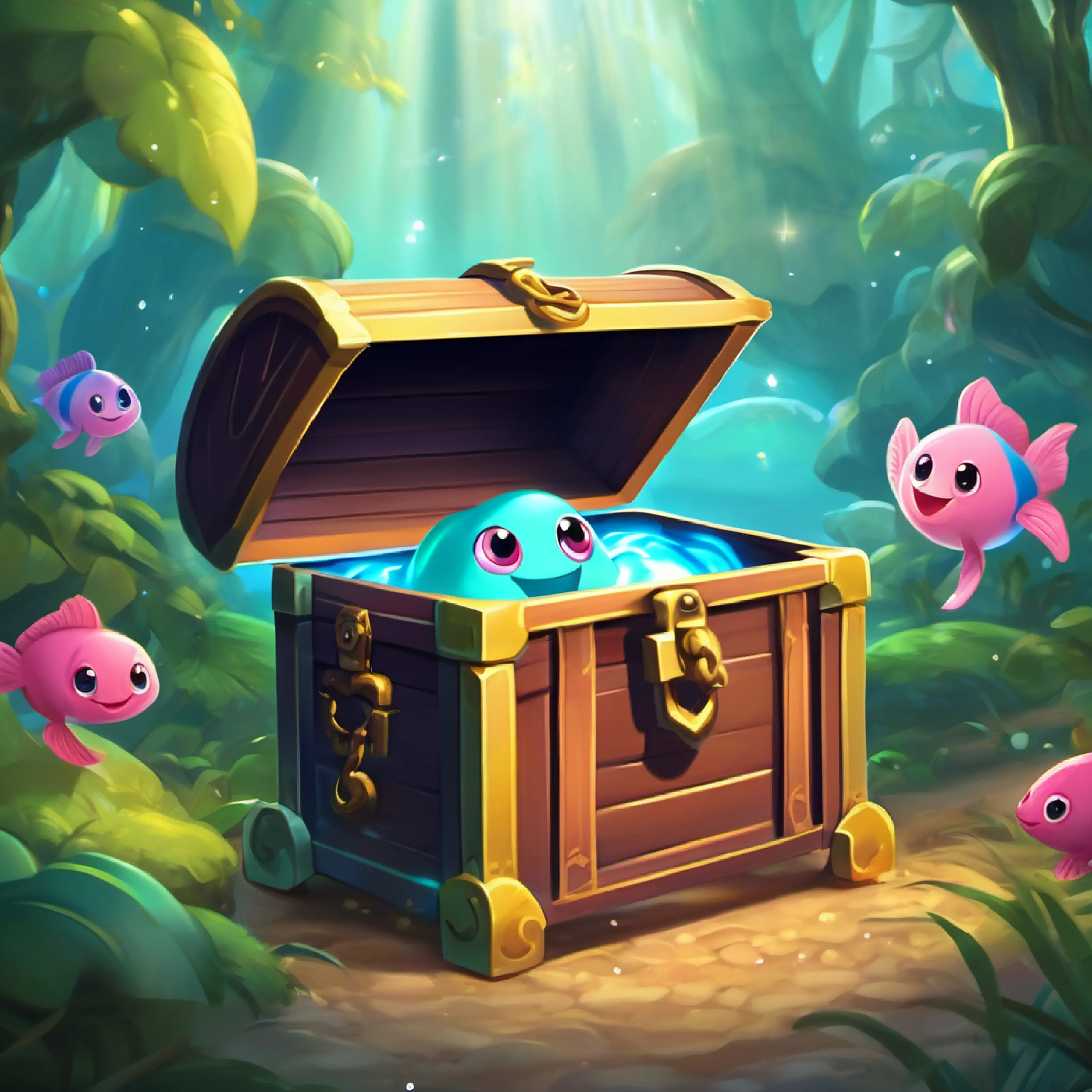 A happy, little wooper with slick, shiny skin and sparkly eyes discovers the treasure chest with the help of her friends.
