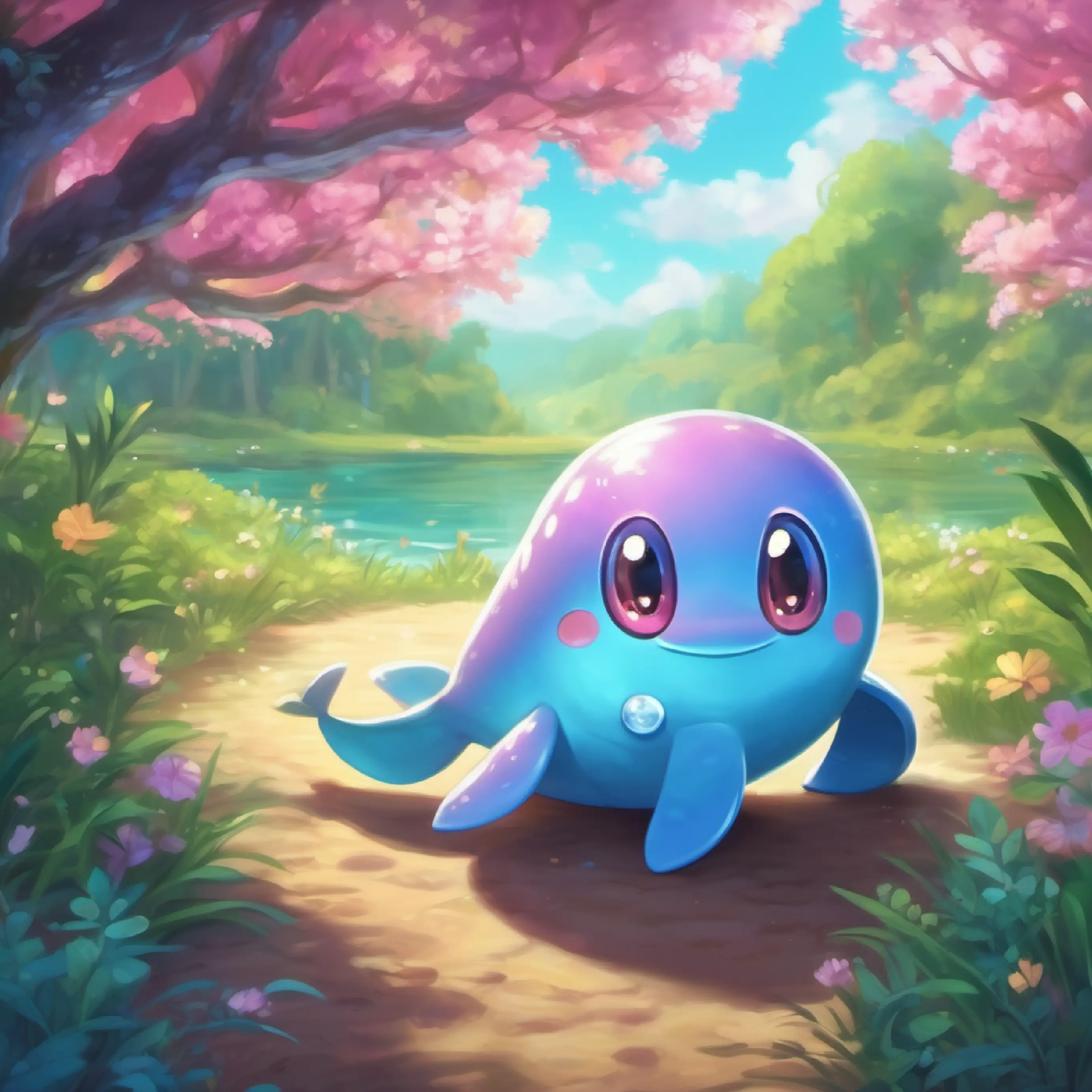 Conclusion of story with A happy, little wooper with slick, shiny skin and sparkly eyes realizing the true treasure is friendship and adventure.