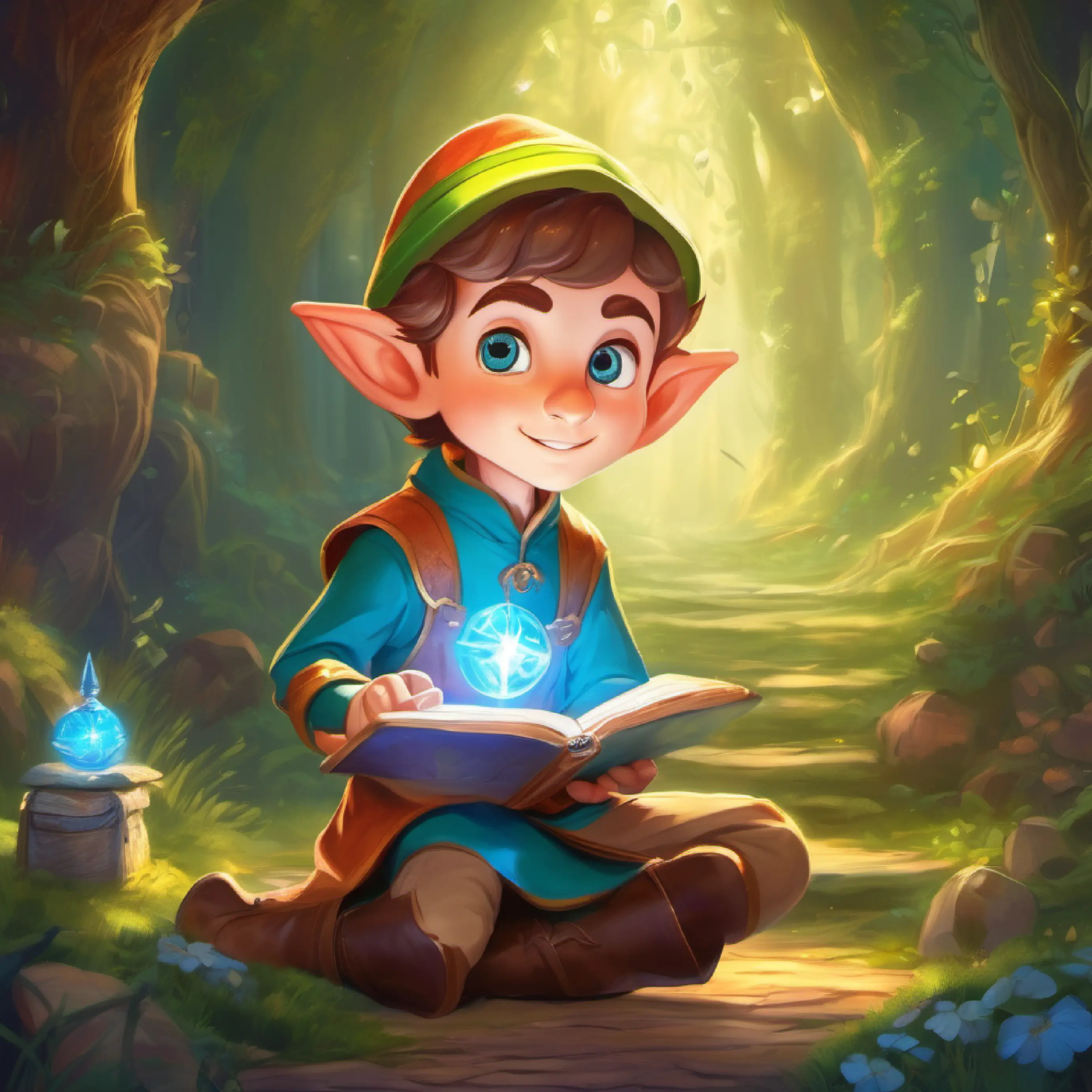 Young elf with sparkling eyes and a curious heart preparing for his journey with magical items.