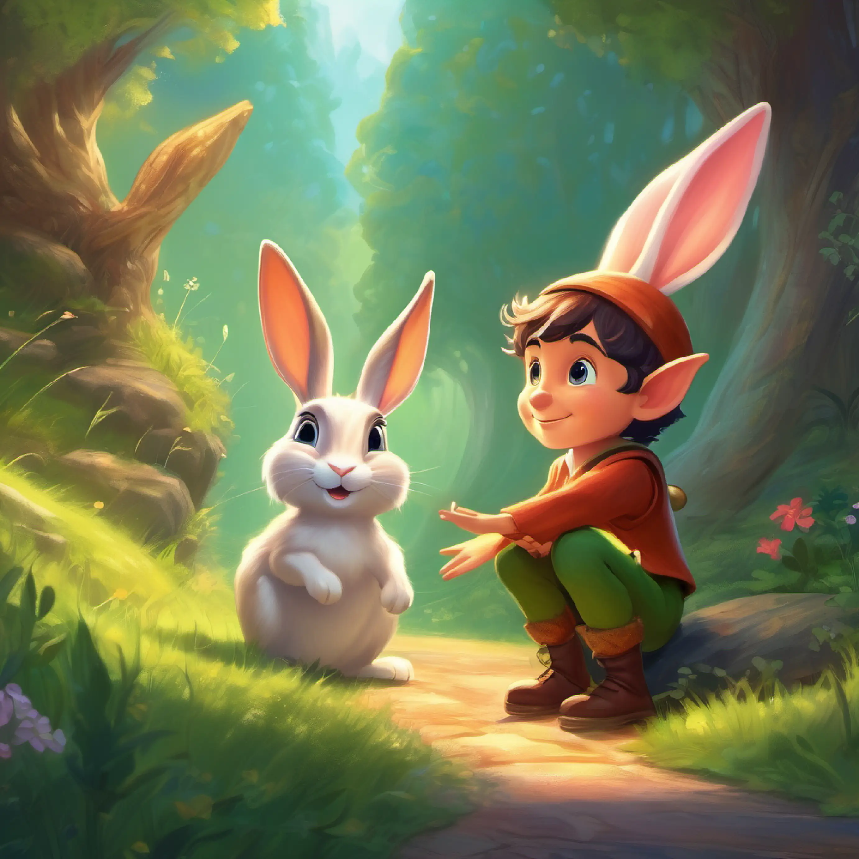 Young elf with sparkling eyes and a curious heart meets Friendly talking rabbit, eager for adventure the talking rabbit.