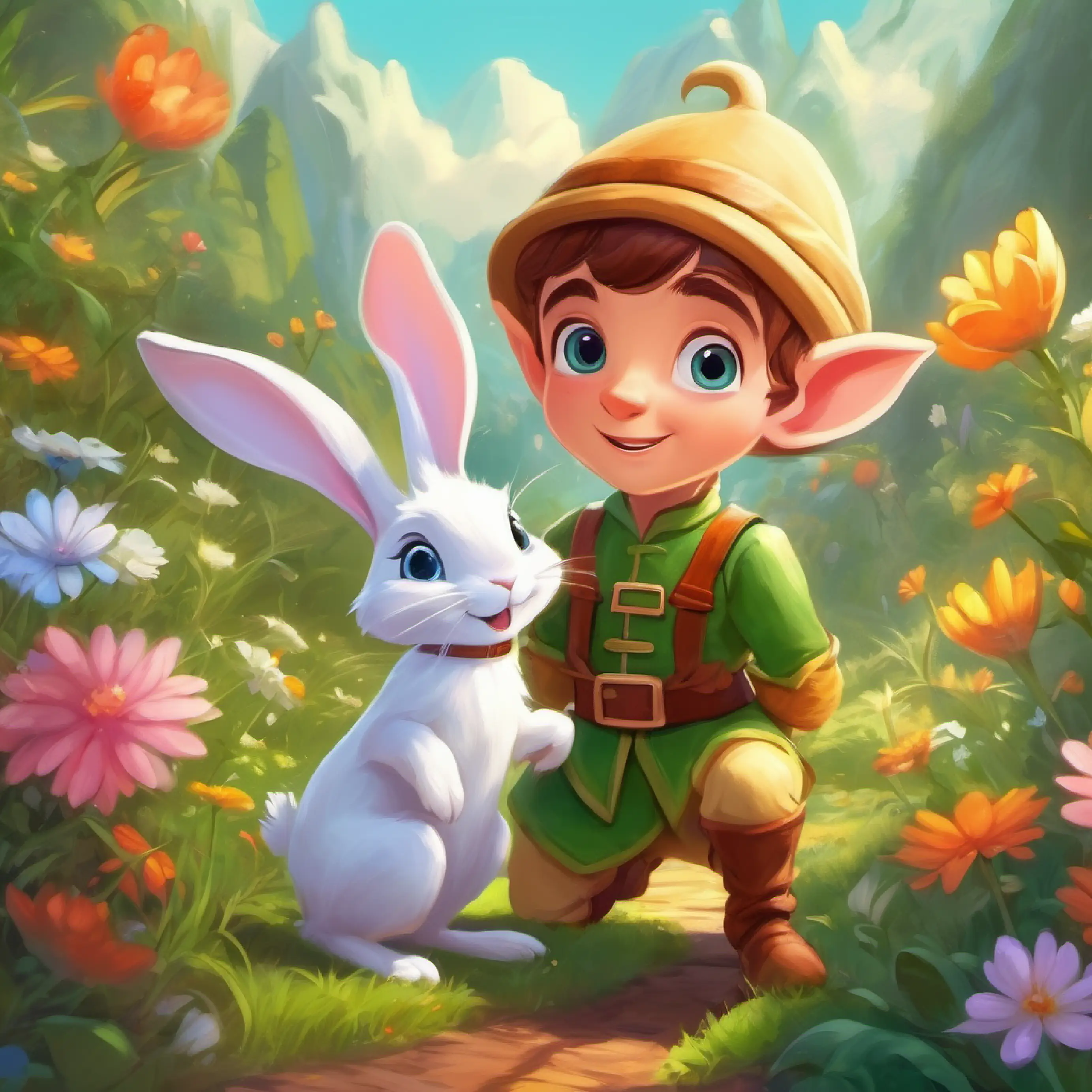 Young elf with sparkling eyes and a curious heart and Friendly talking rabbit, eager for adventure encounter singing and dancing flowers.