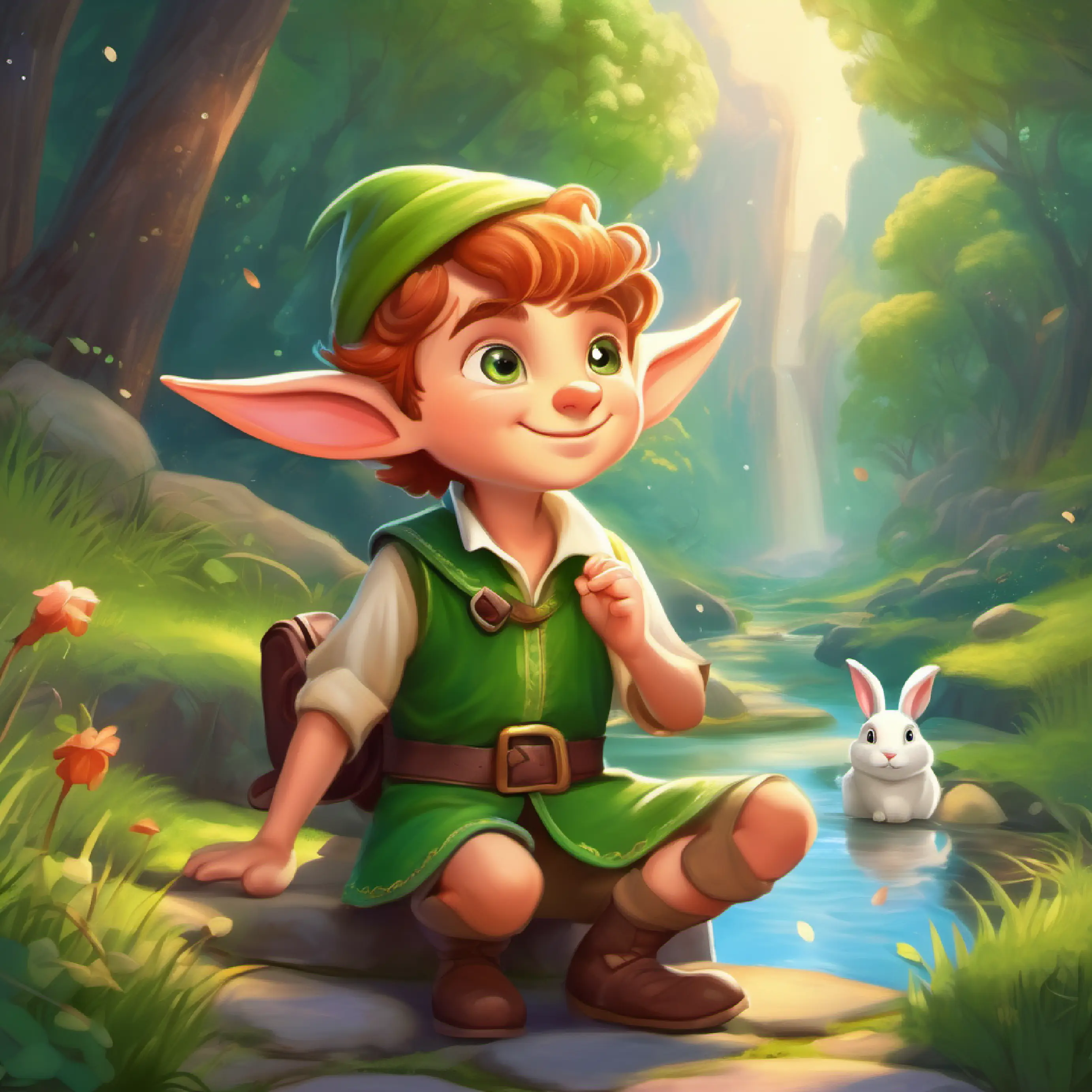 Young elf with sparkling eyes and a curious heart and Friendly talking rabbit, eager for adventure find a giggling river and magical stepping stones.