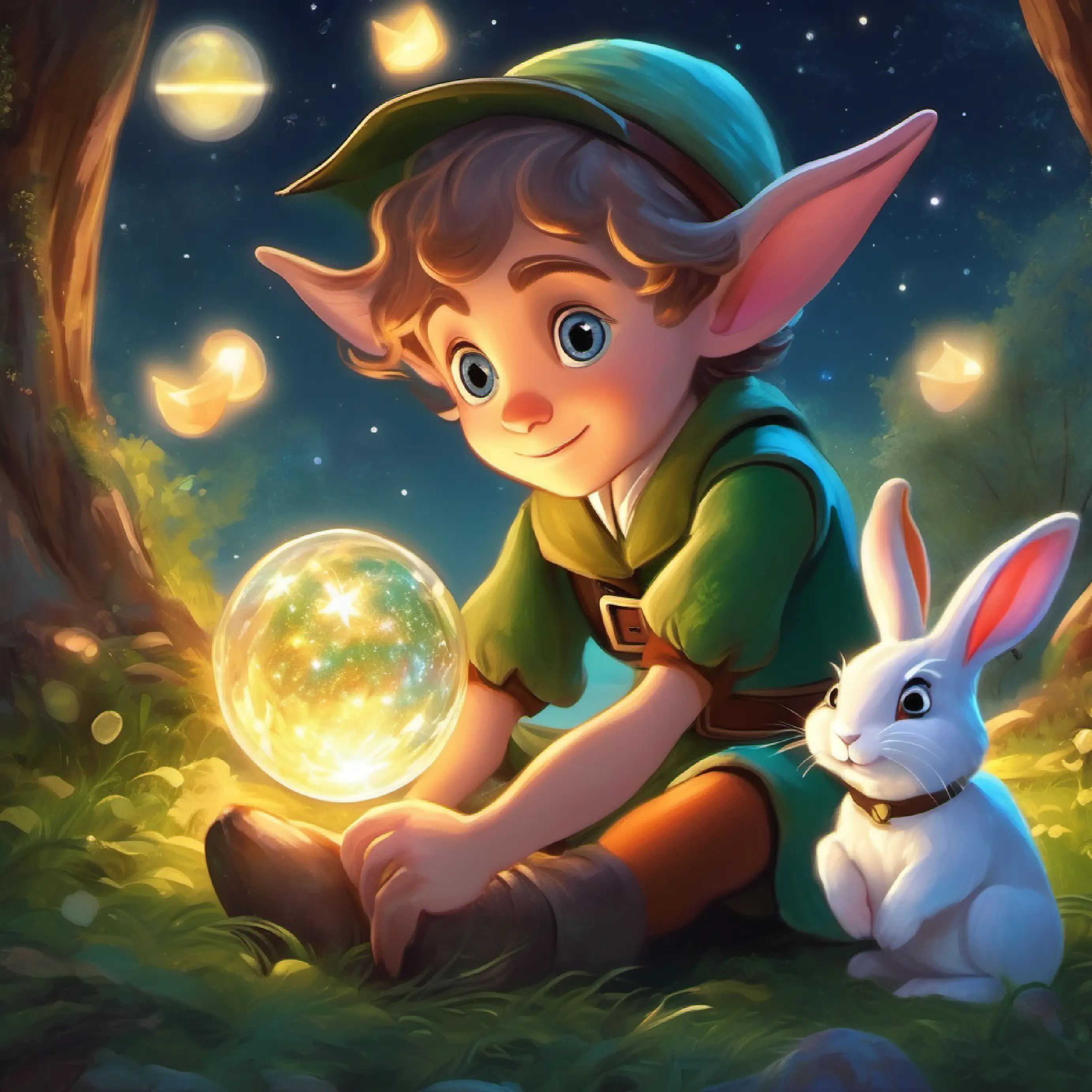 Young elf with sparkling eyes and a curious heart and Friendly talking rabbit, eager for adventure listen to stories from the stars.