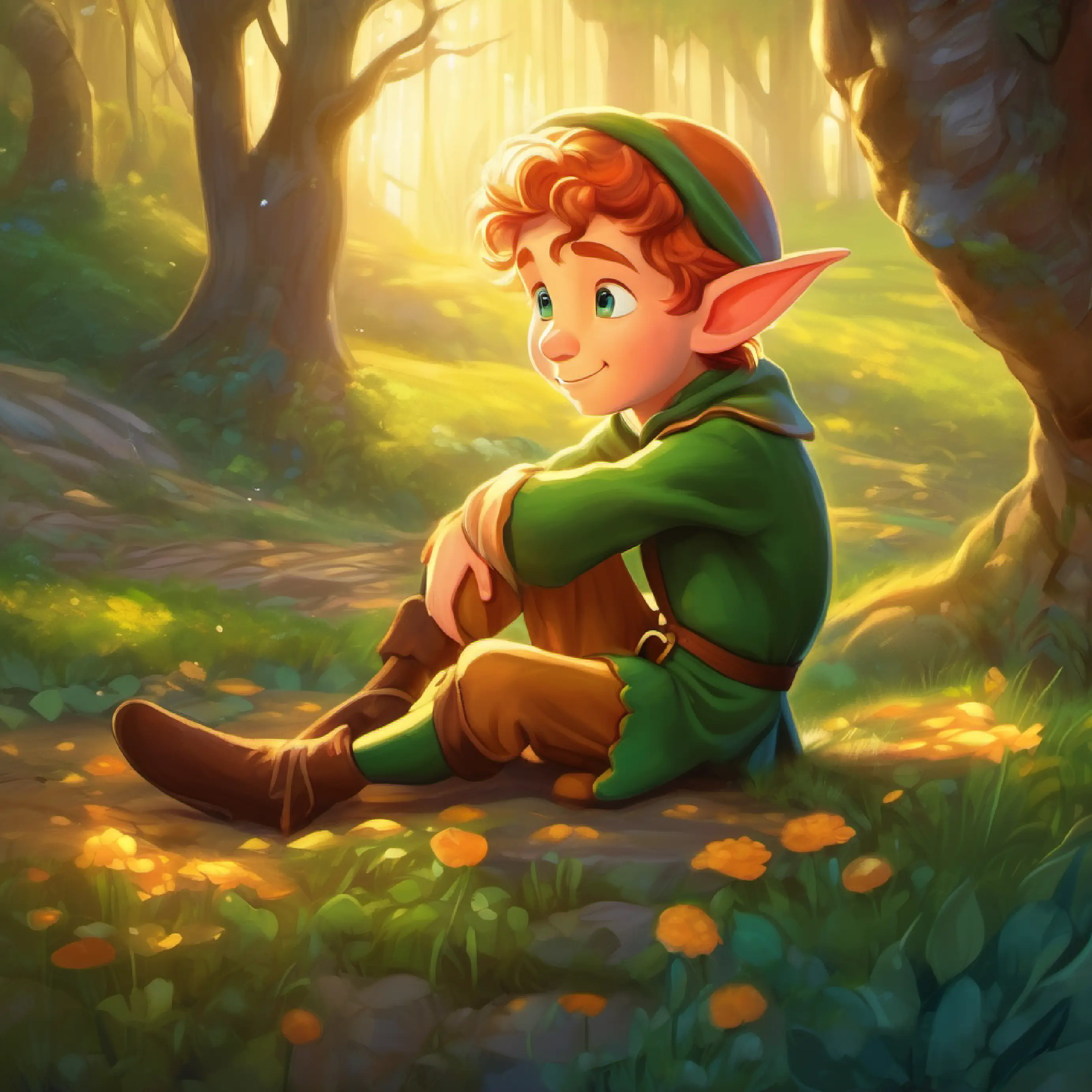 Young elf with sparkling eyes and a curious heart falls asleep, ending the day's adventure.