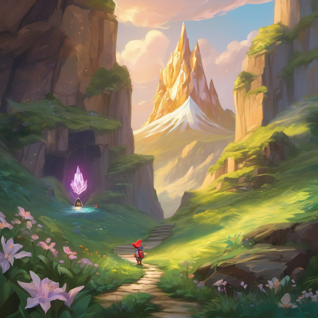 Suddenly, as if by magic, a friendly little gnome appeared beside Lily. The gnome introduced himself as Magnar, the guardian of Magnetic Mountain. He had been watching Lily with great interest and was amazed by her curiosity and understanding of the mountain's power. Magnar offered to show Lily the secret behind Magnetic Mountain's magnetic force. He led her through a hidden path filled with sparkling crystals until they arrived at a beautiful crystal cave. Inside, there was a hidden chamber with an enormous magnet hidden deep within the mountain.