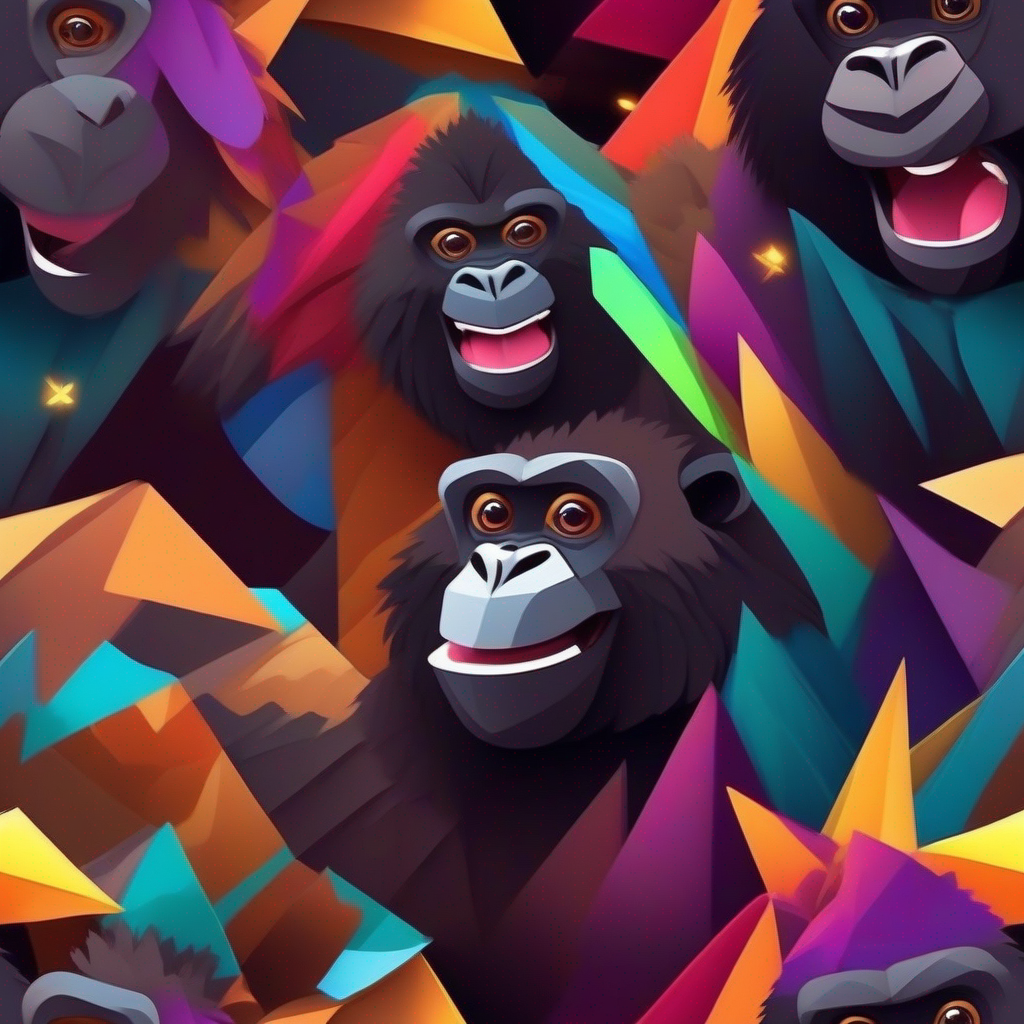 Friendly gorilla, with brown fur and a mischievous smile performing on a stage, colorful lights and amazed faces