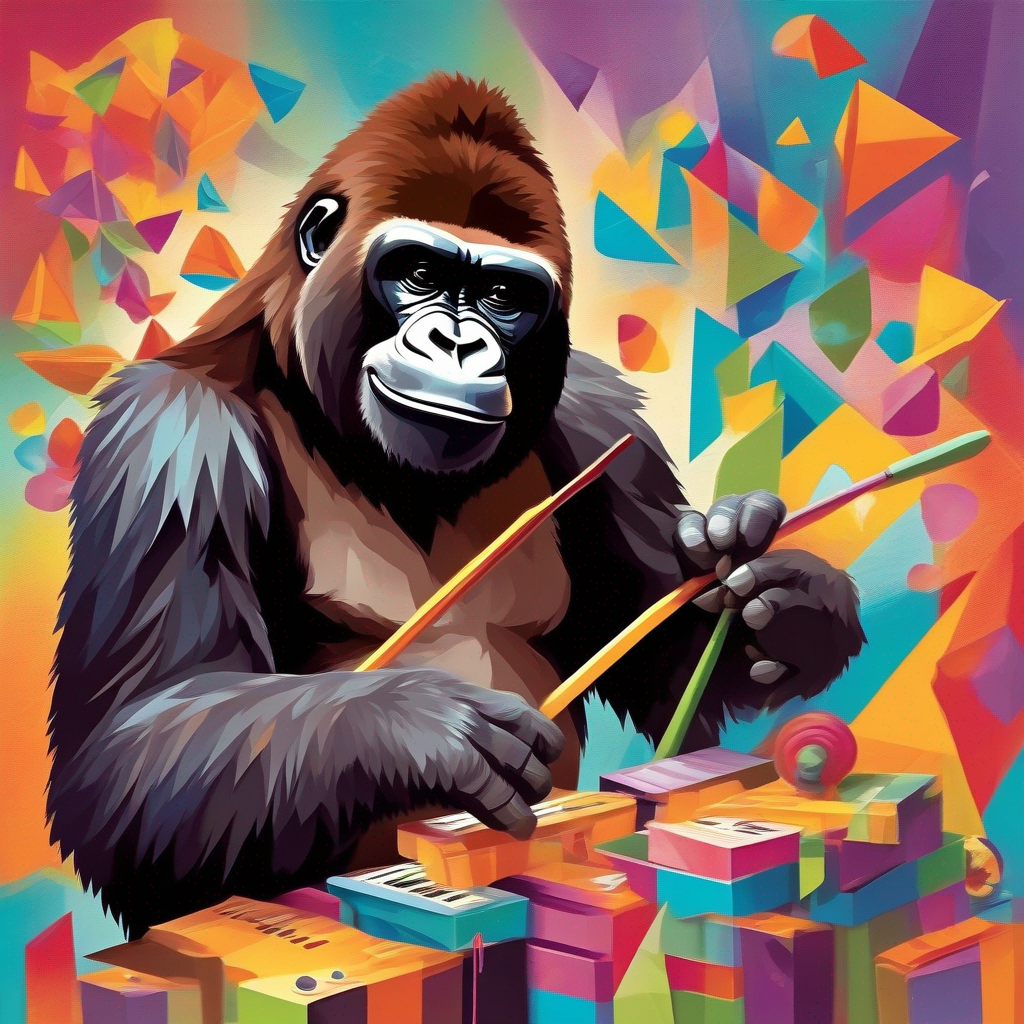 Friendly gorilla, with brown fur and a mischievous smile engaged in art and music class, colorful artwork and musical instruments