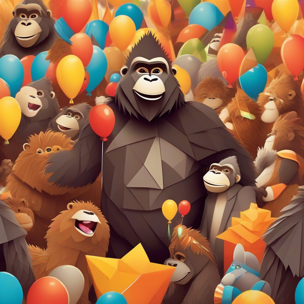 Friendly gorilla, with brown fur and a mischievous smile with his classmates at a party, balloons, and happiness all around