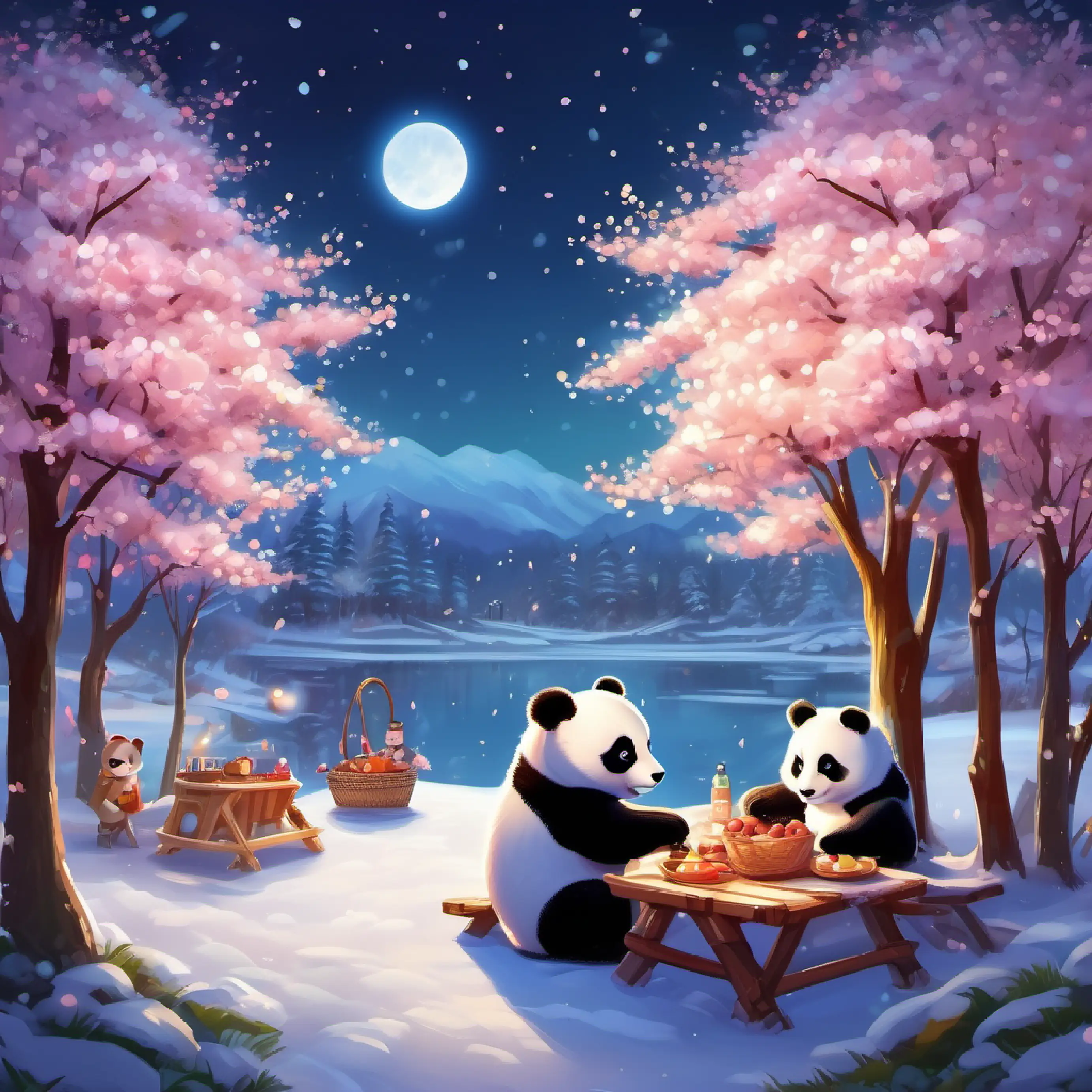 Snow-covered landscape with twinkling LED lights, cherry blossoms, and two fluffy baby pandas having a picnic.