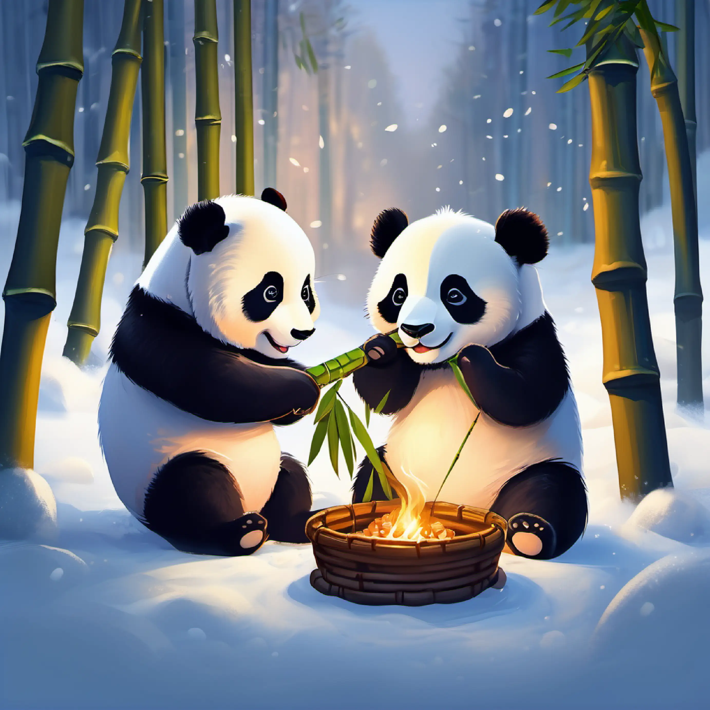 Baby pandas sharing a bamboo feast, experiencing friendship and harmony amidst the serene winter scene.