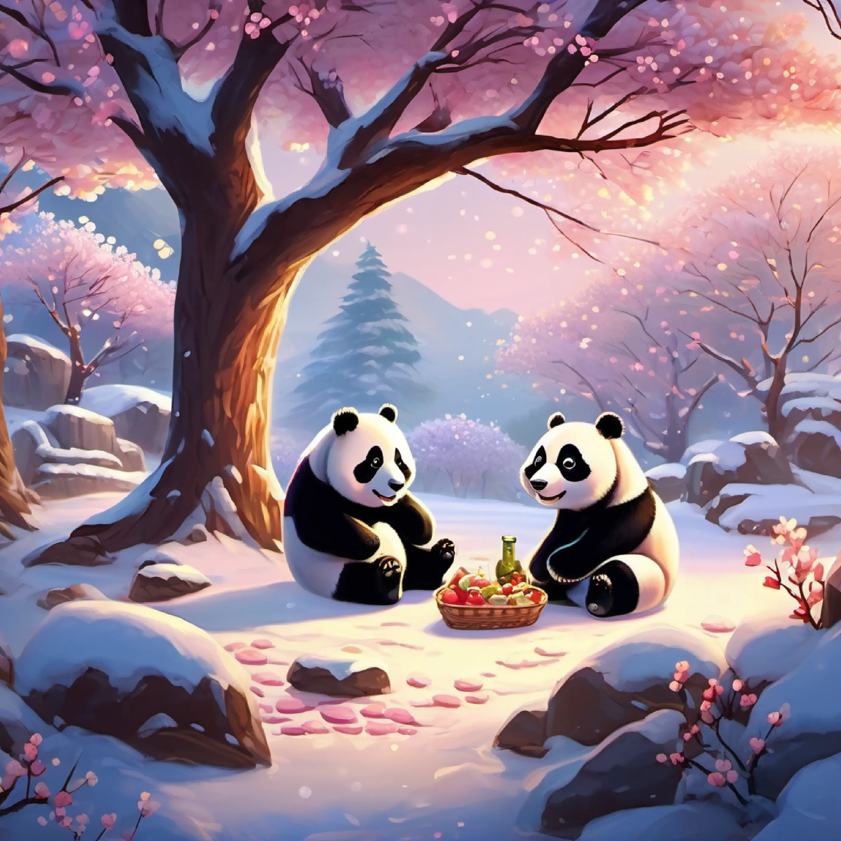 Snow-covered landscape with twinkling LED lights, cherry blossoms, and two fluffy baby pandas having a picnic.
