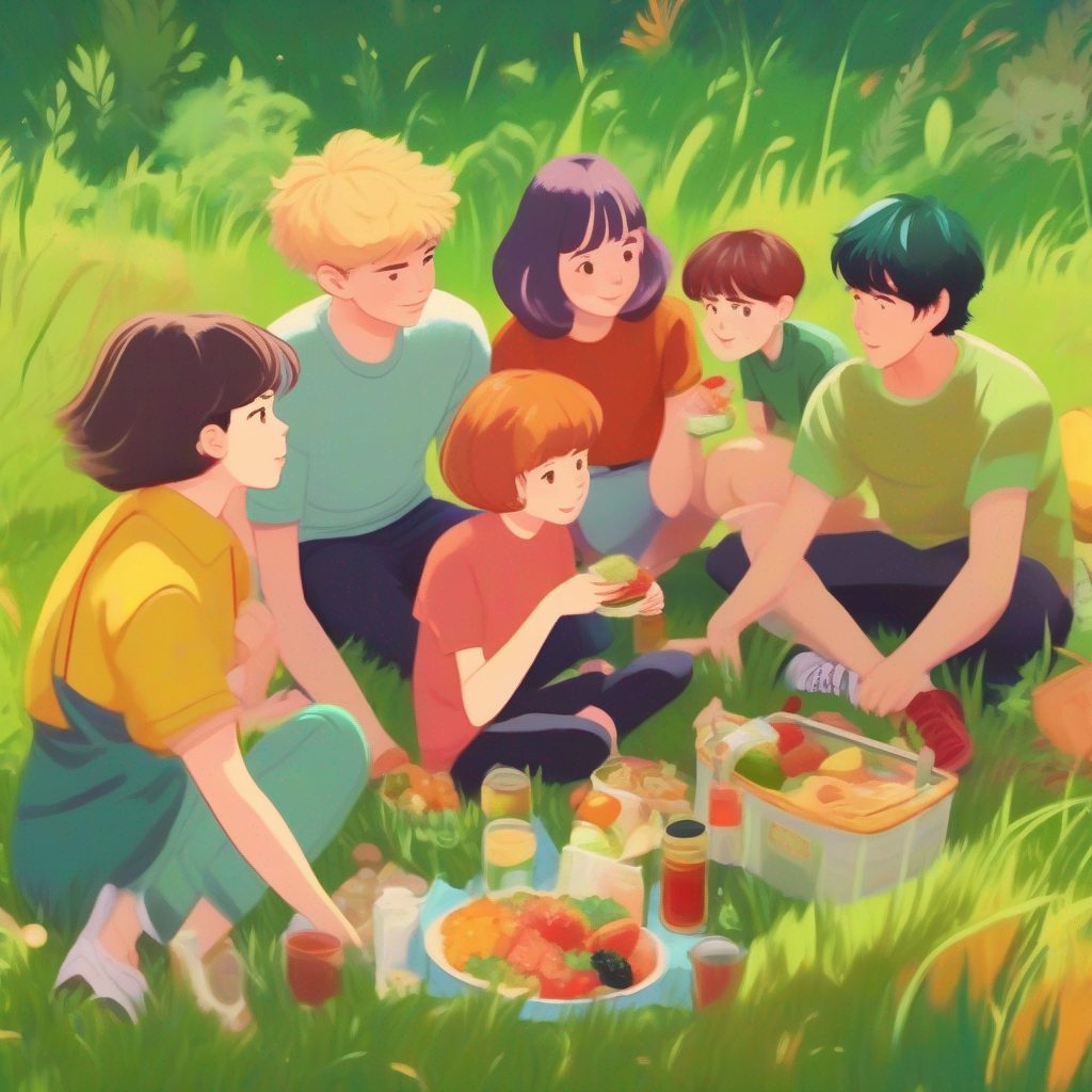 A group of people with different hair colors and clothes without a picnic blanket, grass and dirty food