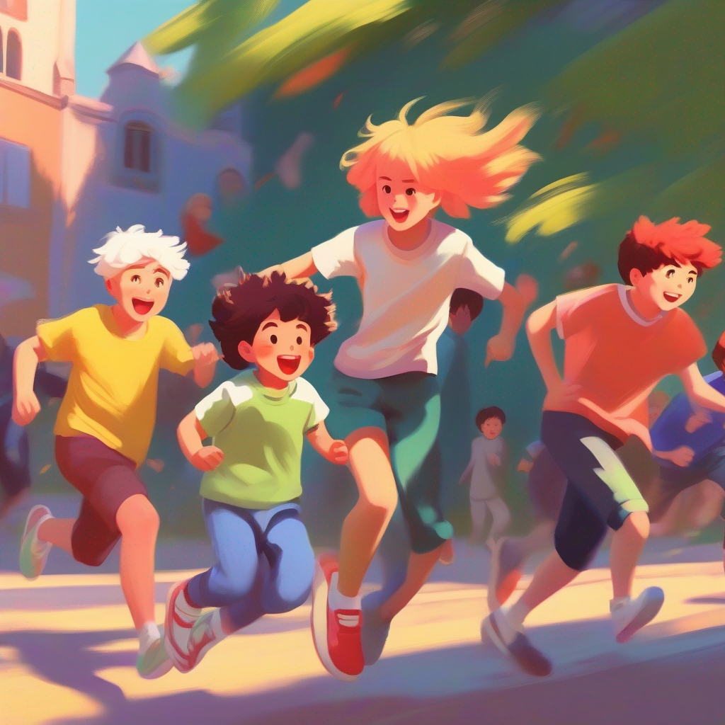 A group of people with different hair colors and clothes playing tag without toys, having fun