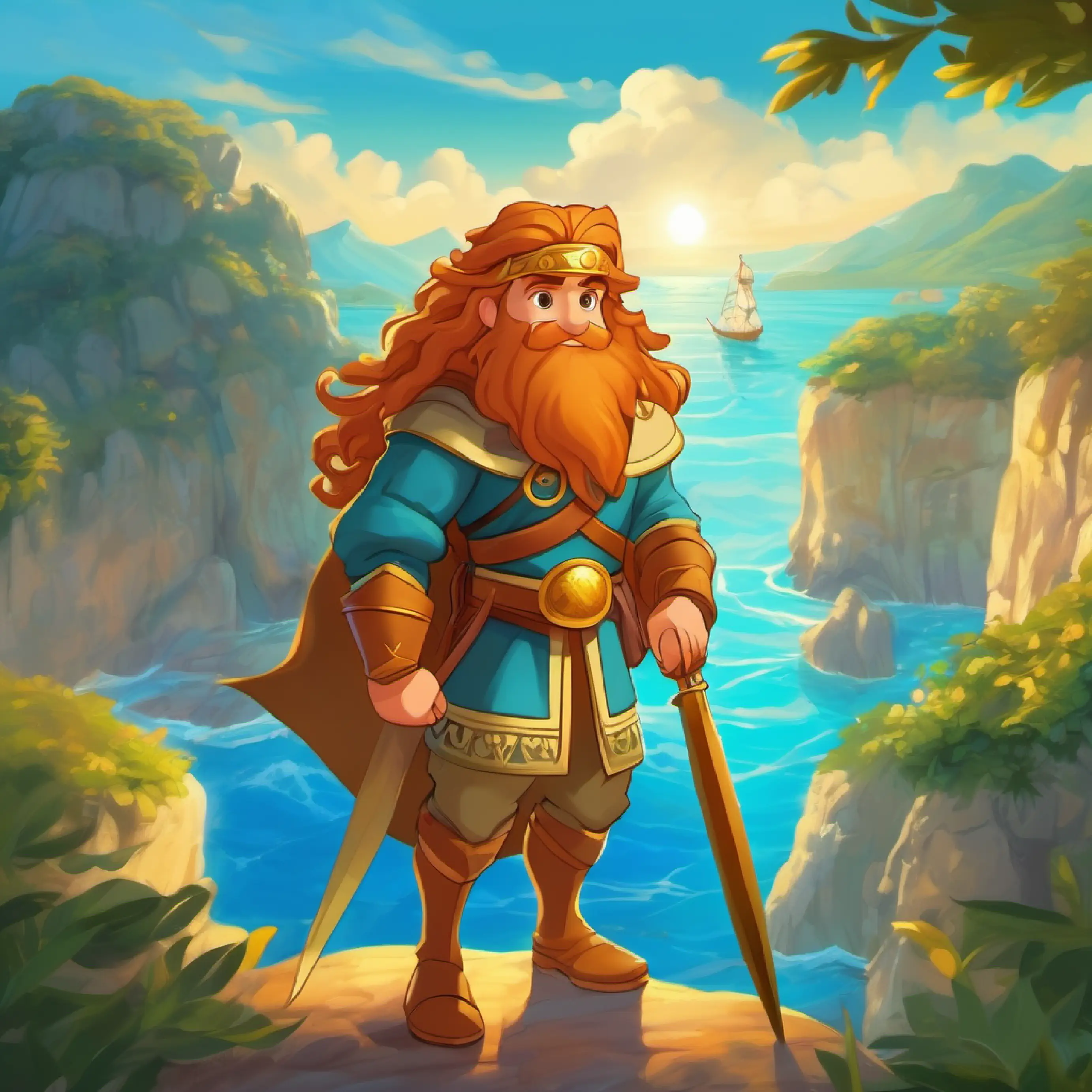 Brave hero with tanned skin and eyes full of adventure arrives at Ogygia, introduction to Nymph with ocean eyes and long golden hair and the island.