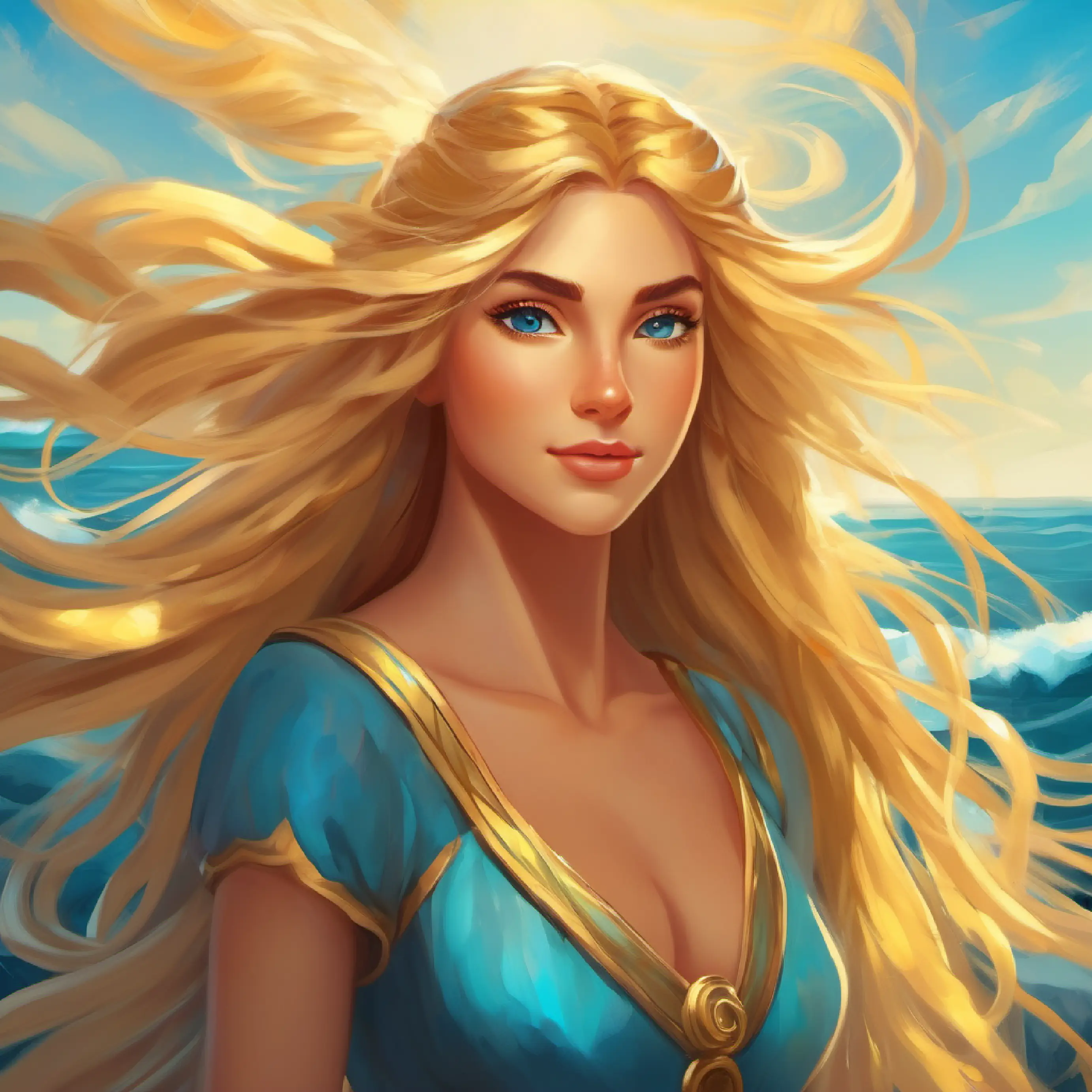 Nymph with ocean eyes and long golden hair's beauty and her offer to Brave hero with tanned skin and eyes full of adventure.