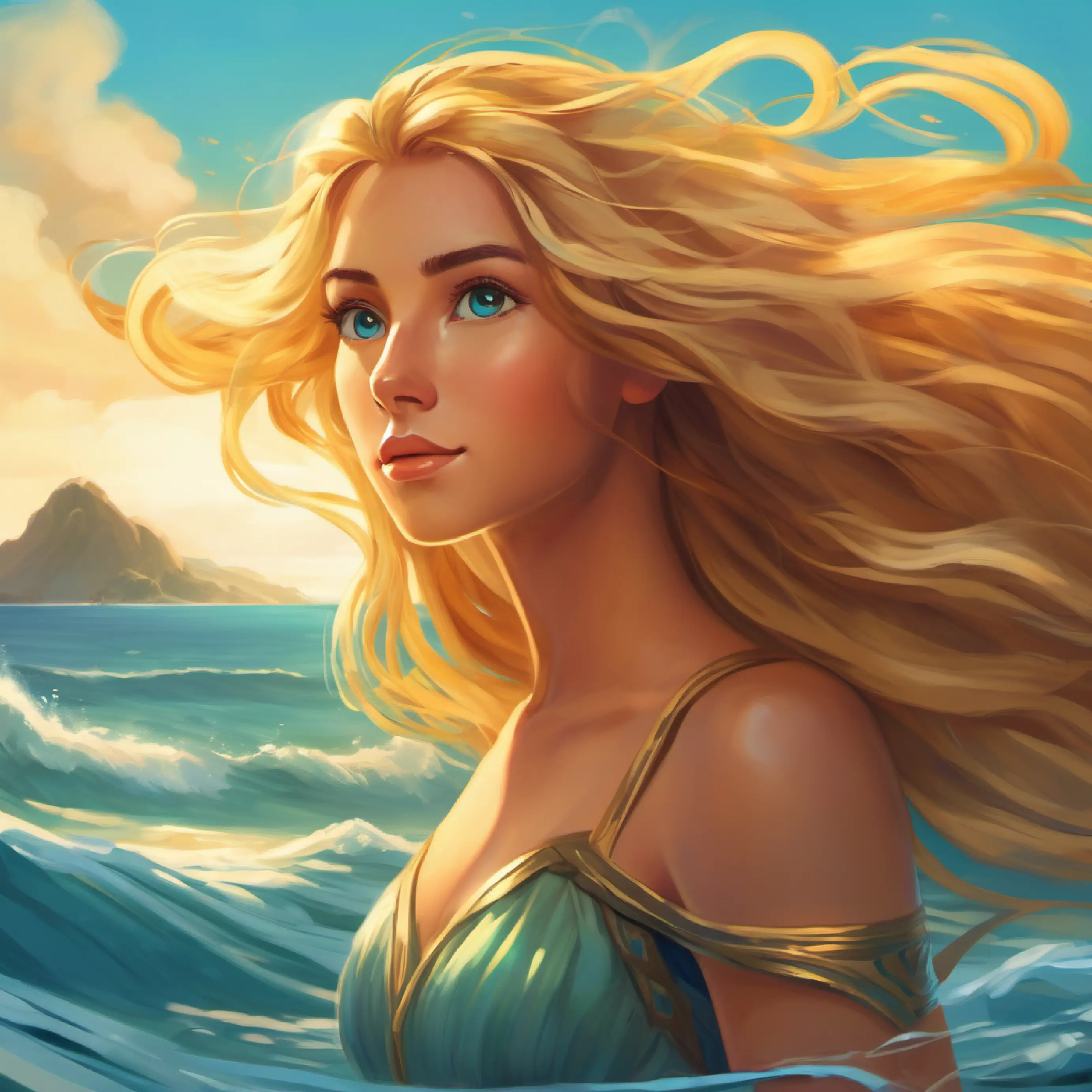 Nymph with ocean eyes and long golden hair's playful attempt to keep Brave hero with tanned skin and eyes full of adventure.