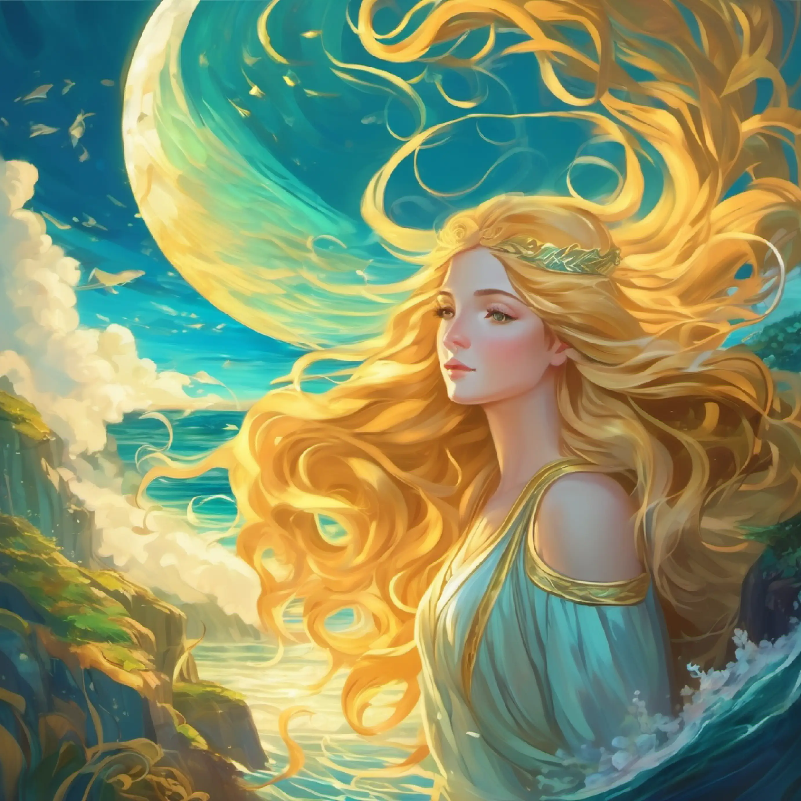 Realization of Nymph with ocean eyes and long golden hair, time passes on Ogygia.