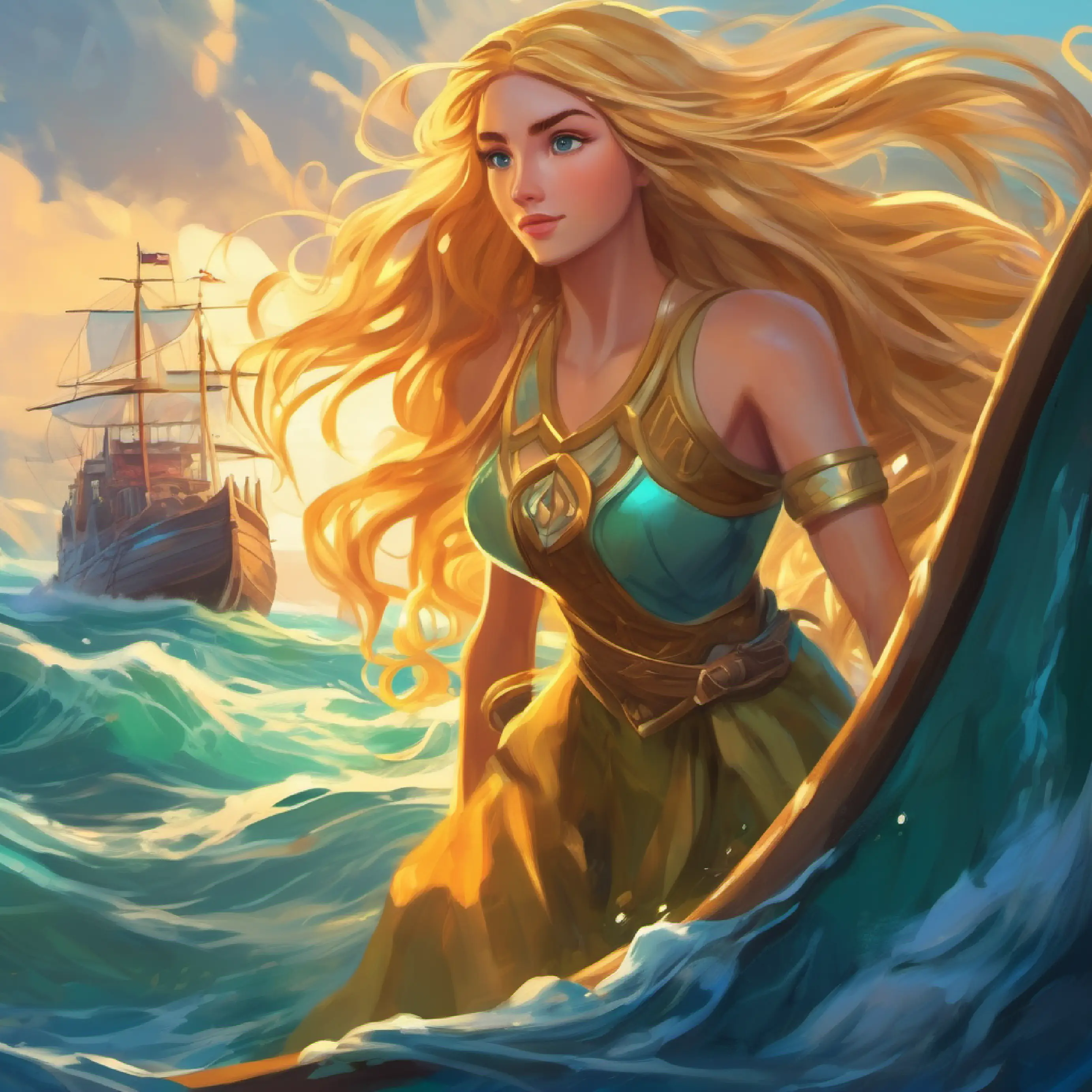 Nymph with ocean eyes and long golden hair helps Brave hero with tanned skin and eyes full of adventure build a ship to leave.