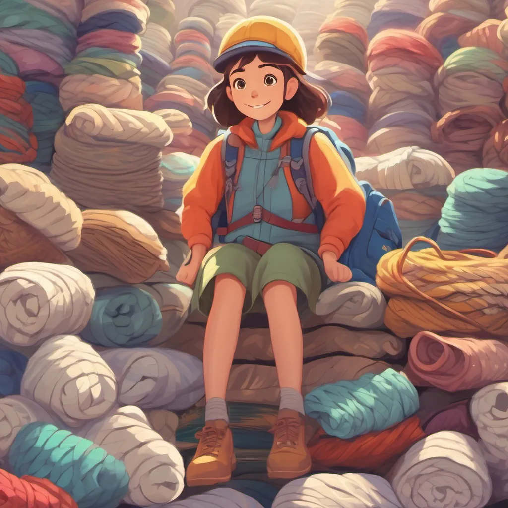 a cheerful young girl with explorer gear standing before a mountain of socks, looking a bit overwhelmed