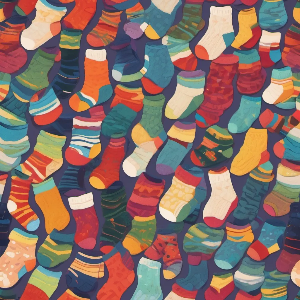 a playful view of socks in various colors and sizes, whimsically twisted together in a fun pattern