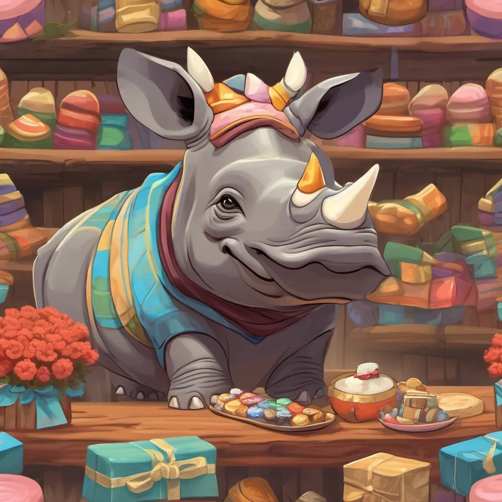 a friendly rhino made of socks, wearing a hat, and offering a piece of chocolate to Emmy