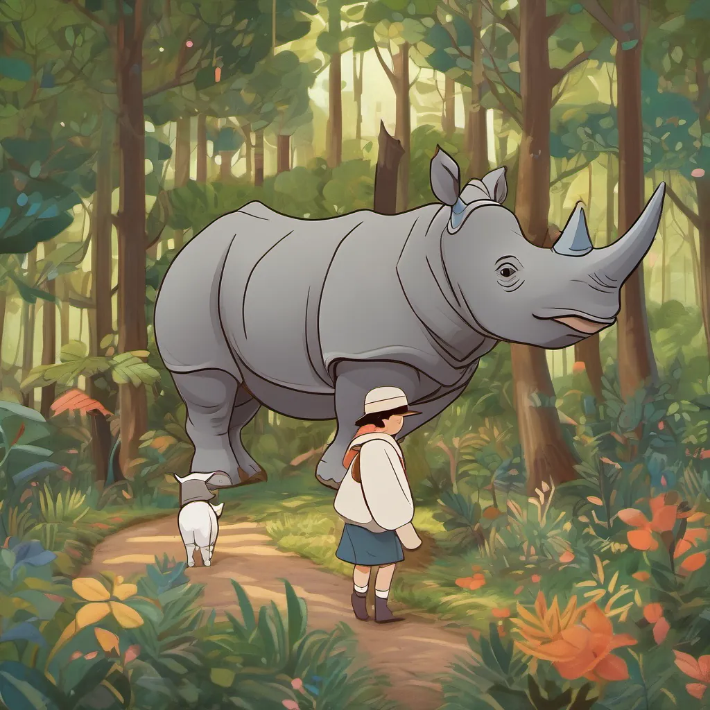 Emmy and a friendly rhino composed entirely of socks, wearing a charming hat marching happily through a forest where trees are made of socks