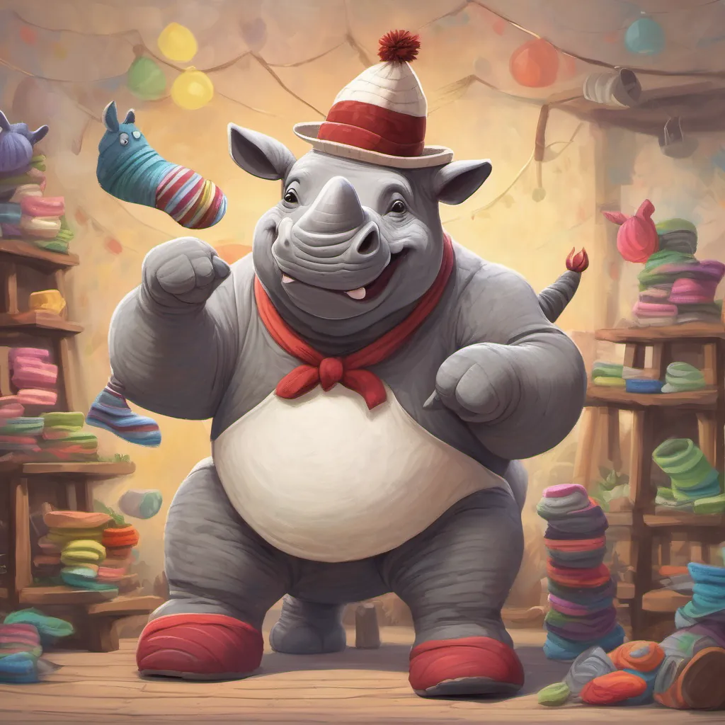 a friendly rhino composed entirely of socks, wearing a charming hat confidently standing before the sock monster, attempting to make it laugh or dance