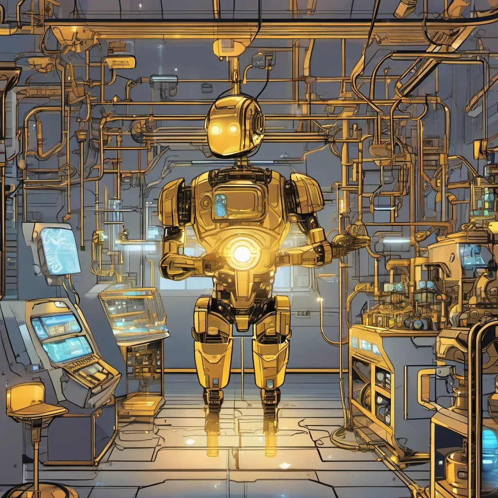 A whimsical, high-tech lab with glowing circuits and machines. A small, golden robot with a determined expression stands in the center.