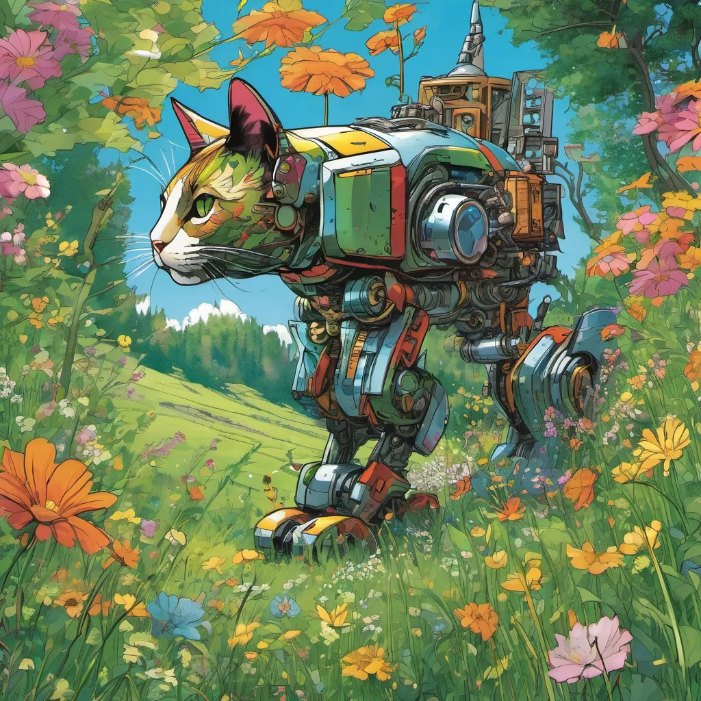 Terabyte in a lush, green meadow, surrounded by colorful flowers and tall trees, with a big blue sky overhead.