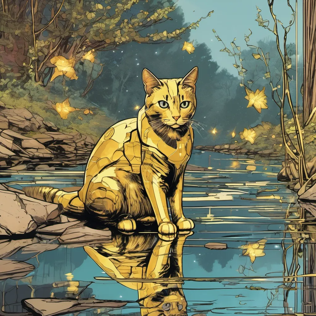 A sparkling brook with Terabyte gazing at her reflection in the water, a look of concern on her golden face.
