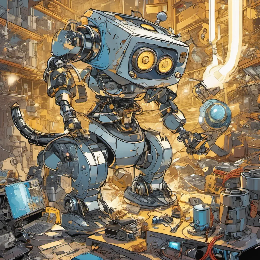 Terabyte the golden robot cat working tirelessly amidst a sea of tools and gadgets, with sparks and sounds of machinery around.