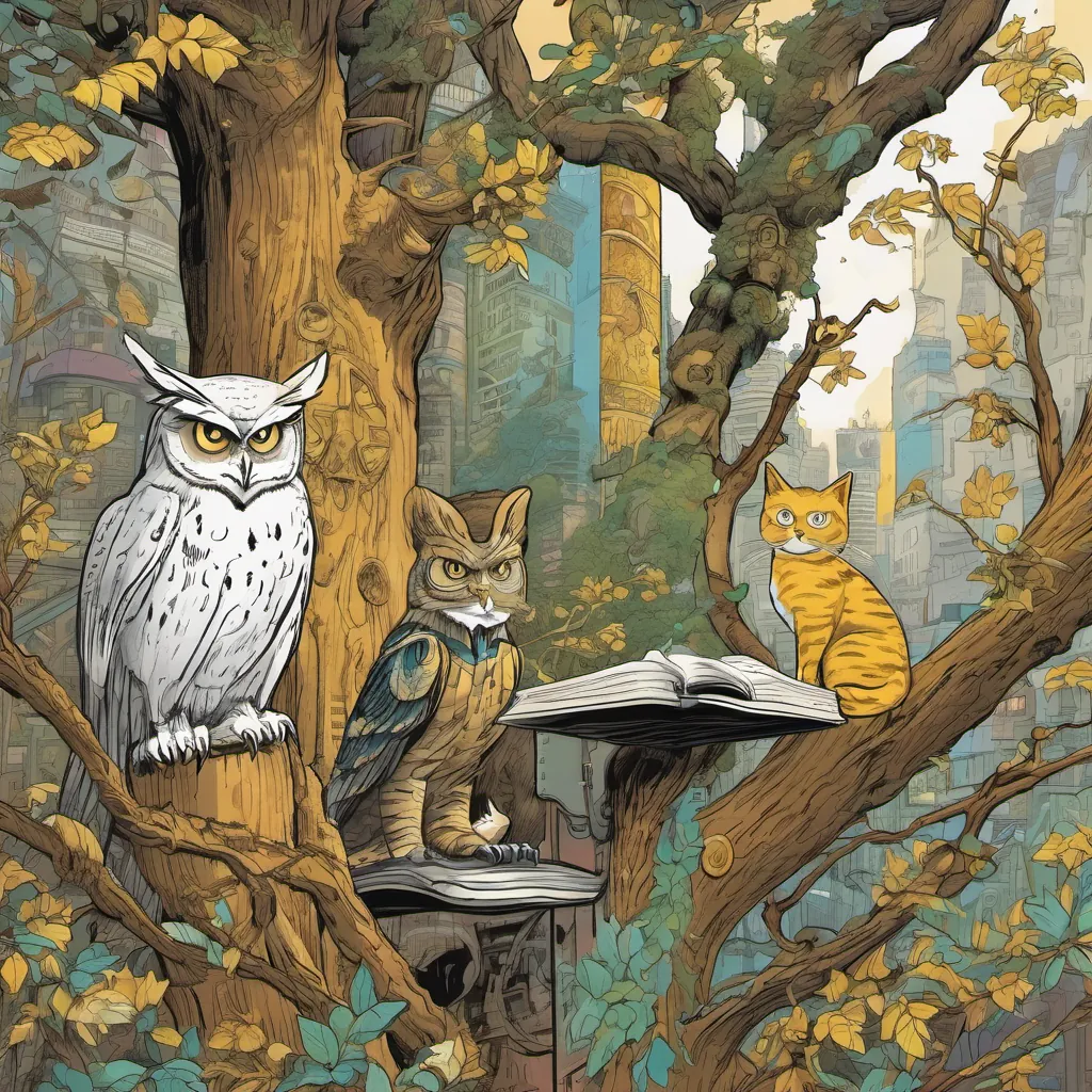 A wise, old owl perched on a tree branch, offering words of wisdom to Terabyte the Golden robot cat, who looks up, intrigued.