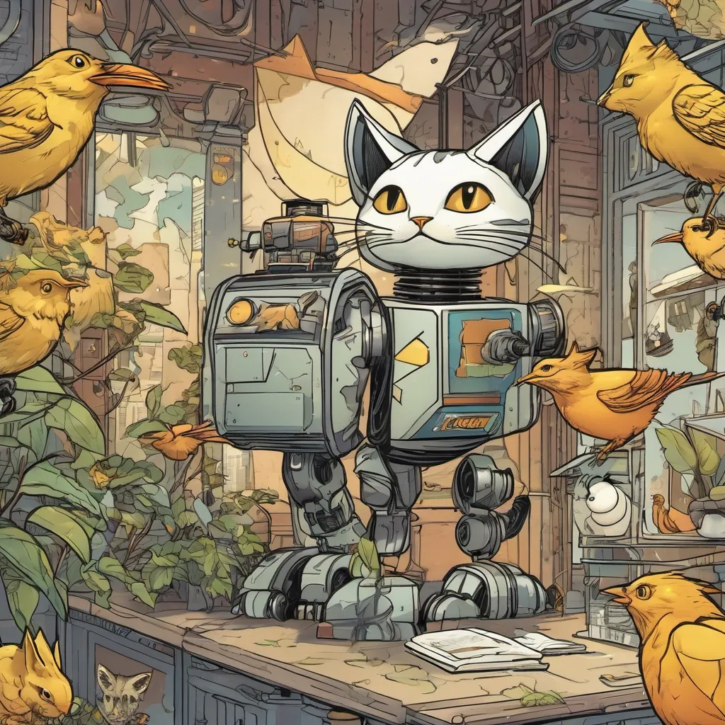Terabyte the golden robot cat in conversation with several curious birds, smiling as she engages with them.