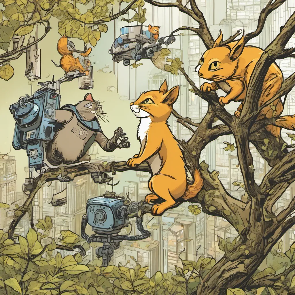 A cheerful, chatty squirrel on a tree branch talking to slightly confused Terabyte the golden cat standing below.