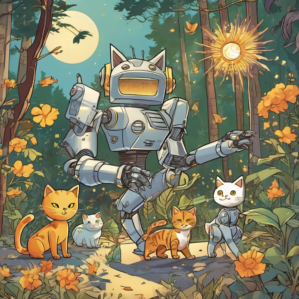 Terabyte the robot golden cat, and her new animal friends dancing and playing happily in the forest as the sun sets.