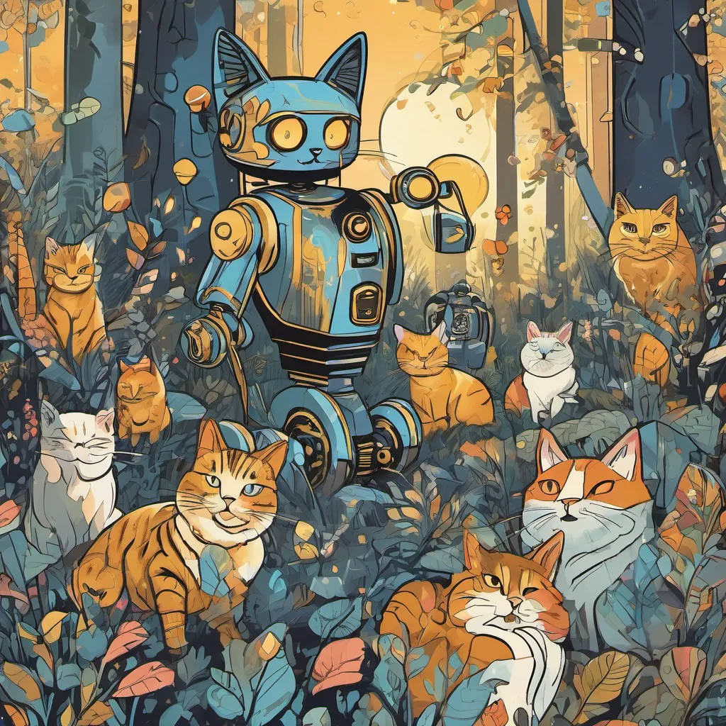 Terabyte the the robot golden cat, glowing with joy, surrounded by her new friends in a beautiful forest at twilight.