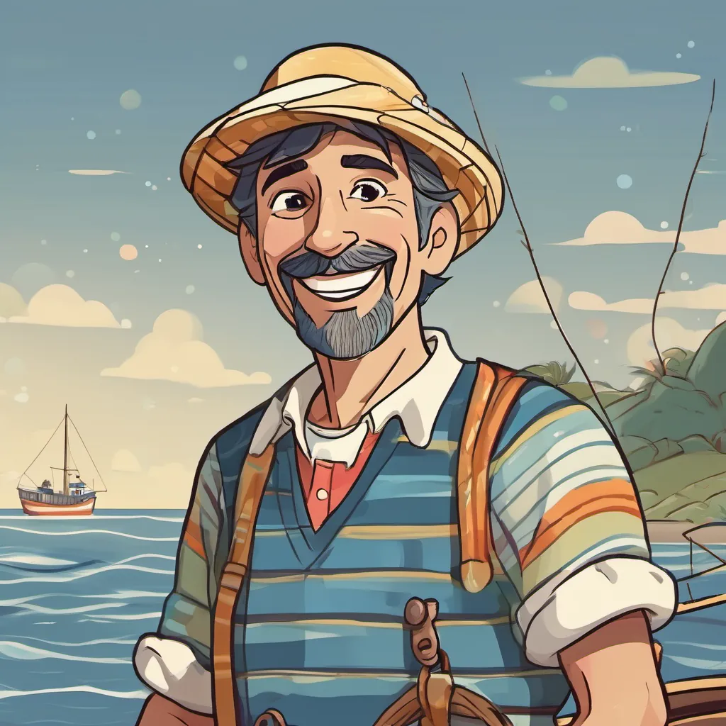 A cheerful Italian fisherman named A cheerful Italian fisherman named Luca, wearing a stripy shirt and a big smile, often seen by the sea or on a boat wearing a stripy shirt, standing on a sunny shore with a big smile, and the sea sparkling with fish.